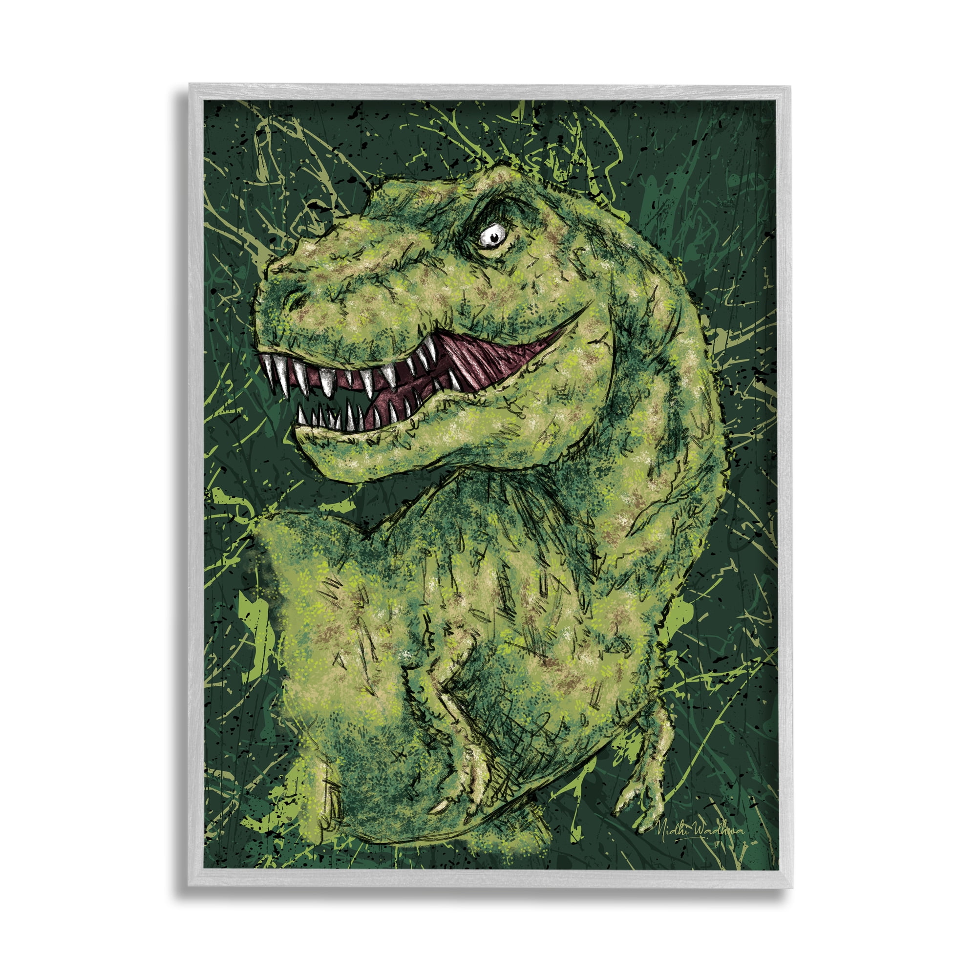 Stupell Industries Green Abstract T-Rex Animals & Insects Painting Gray Framed Art Print Wall Art, 16 x 20