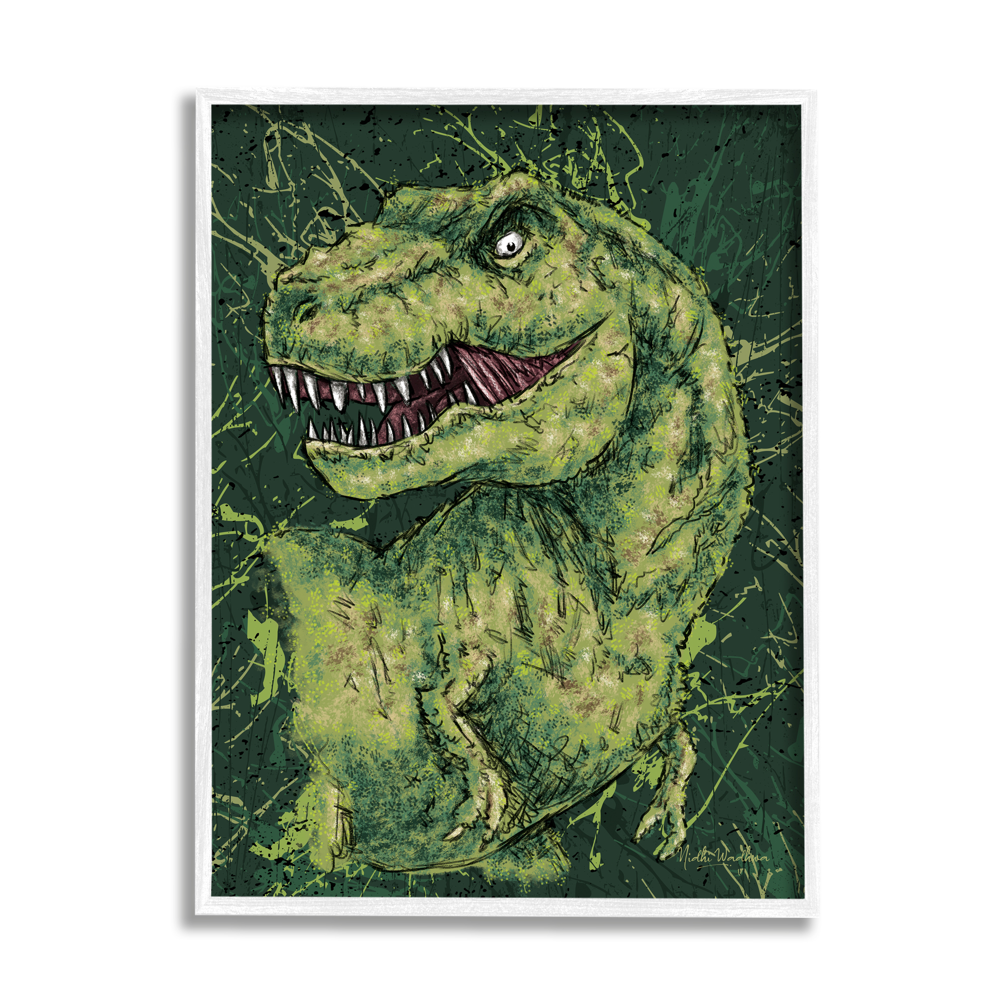 Stupell Industries Green Abstract T-Rex Animals & Insects Painting White Framed Art Print Wall Art, 11 x 14