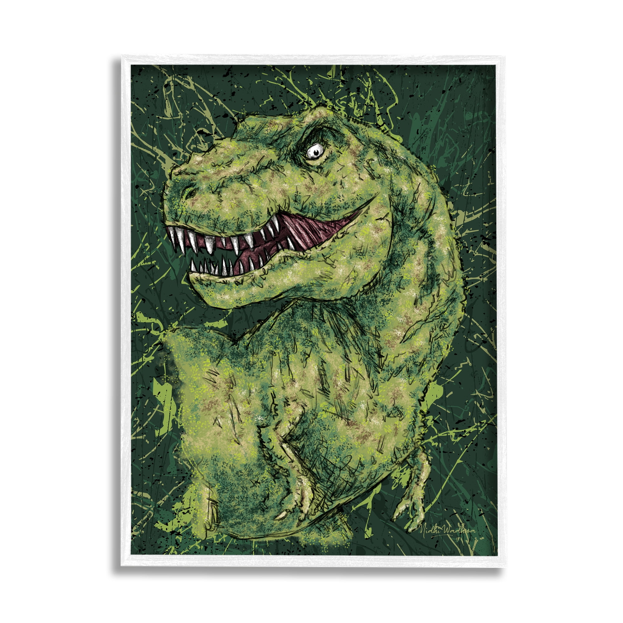 Stupell Industries Green Abstract T-Rex Animals & Insects Painting White Framed Art Print Wall Art, 24 x 30