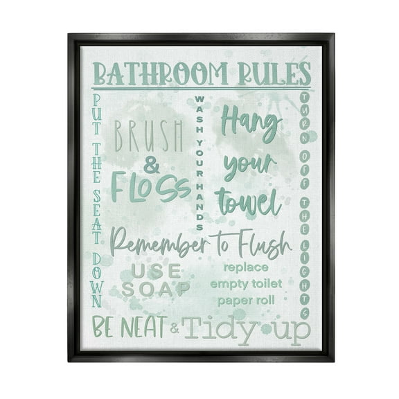 Stupell Industries Green Bathroom Rules Typography Painting Black Floater Framed Canvas Art Print Wall Art, 17 x 21