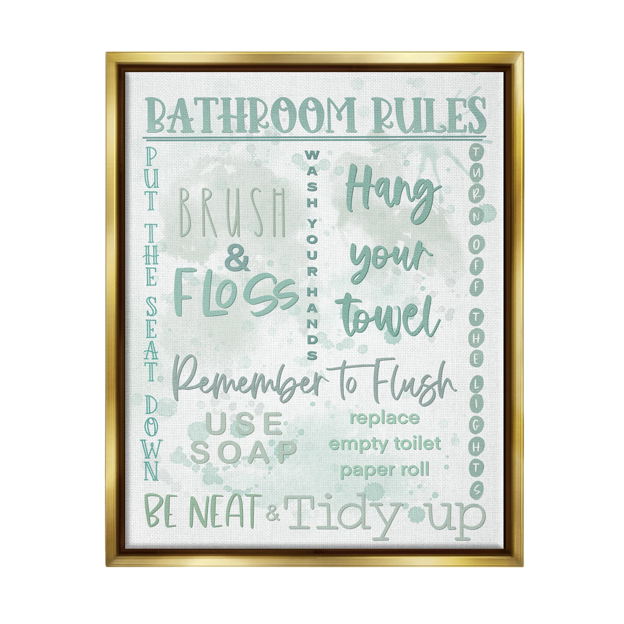 Stupell Industries Green Bathroom Rules Typography Painting Gold Floater Framed Canvas Art Print Wall Art, 25 x 31