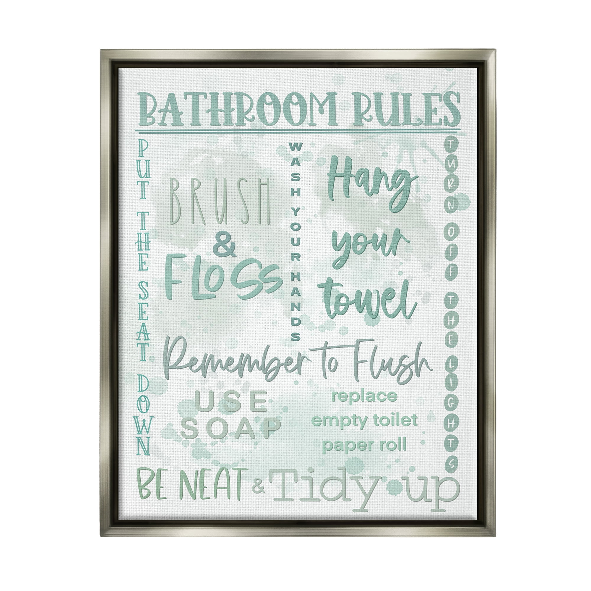 Stupell Industries Green Bathroom Rules Typography Painting Gray Floater Framed Canvas Art Print Wall Art, 17 x 21