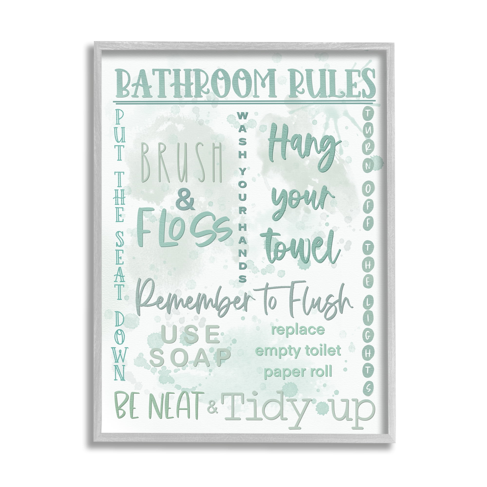 Stupell Industries Green Bathroom Rules Typography Painting Gray Framed Art Print Wall Art, 24 x 30