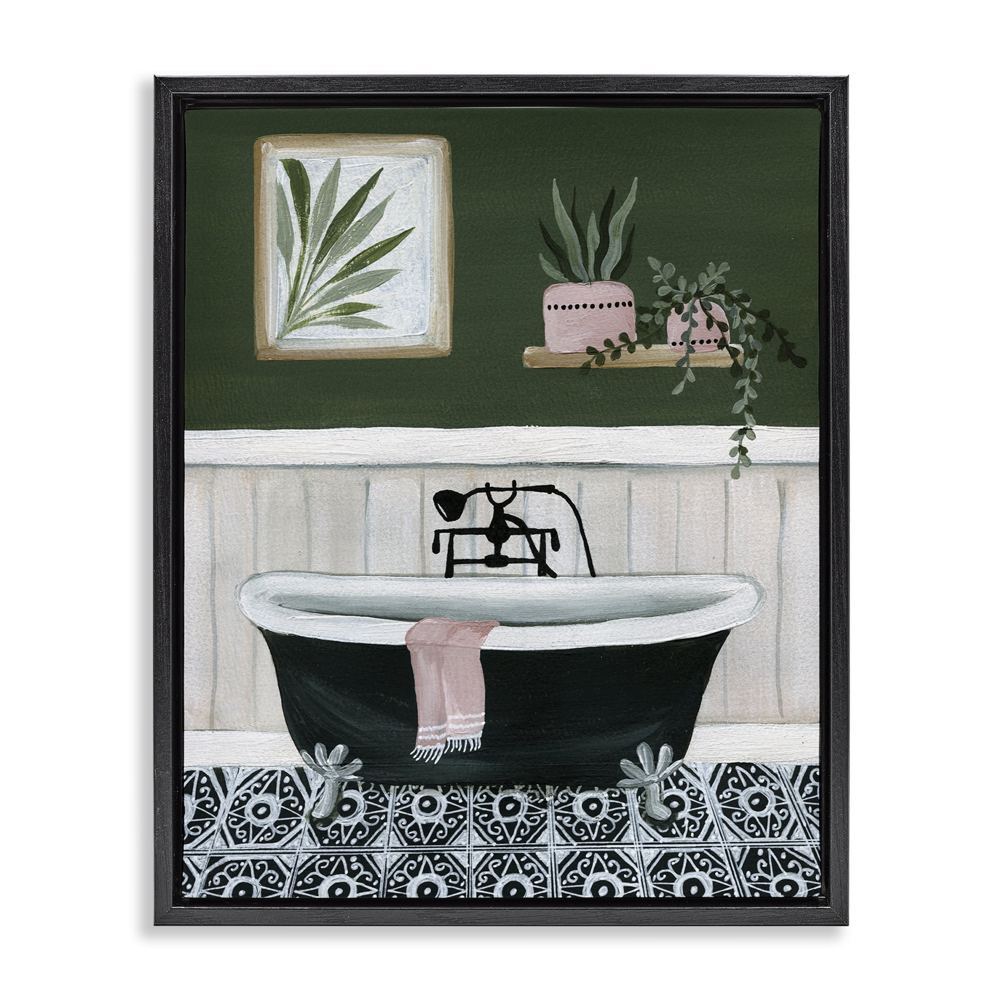 Stupell Industries Green Bathroom Scene Typography Painting Black Floater Framed Canvas Art Print Wall Art, 25 x 31