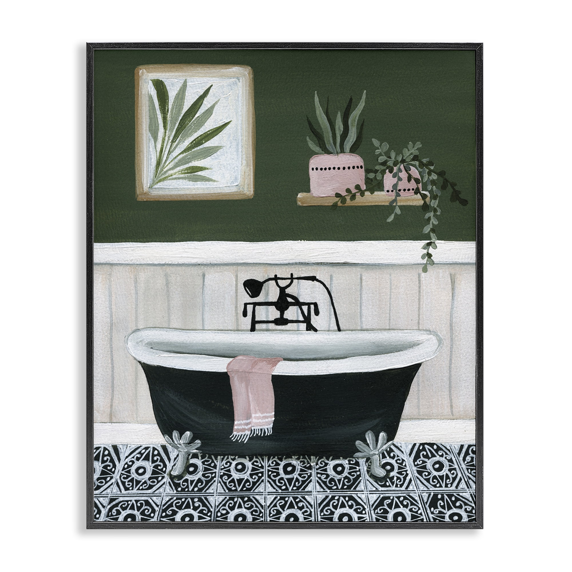 Stupell Industries Green Bathroom Scene Typography Painting Black Framed Art Print Wall Art, 11 x 14