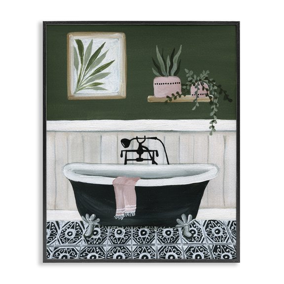 Stupell Industries Green Bathroom Scene Typography Painting Black Framed Art Print Wall Art, 11 x 14