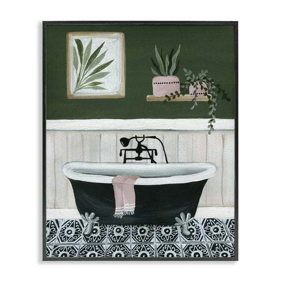 Stupell Industries Green Bathroom Scene Typography Painting Black Framed Art Print Wall Art, 24 x 30