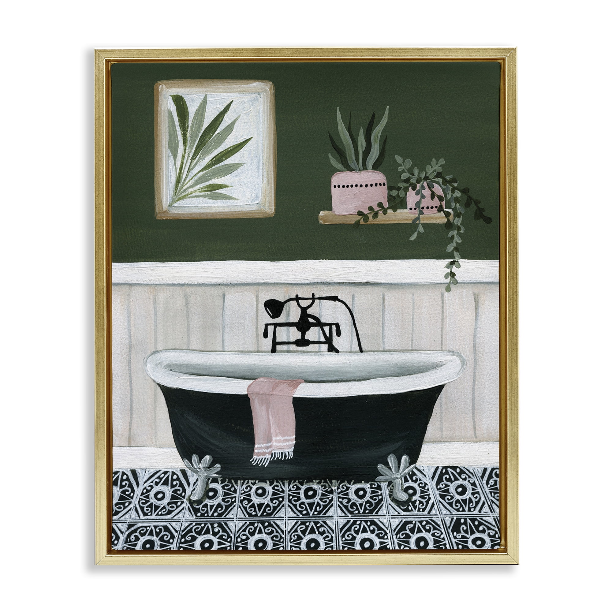 Stupell Industries Green Bathroom Scene Typography Painting Gold Floater Framed Canvas Art Print Wall Art, 25 x 31