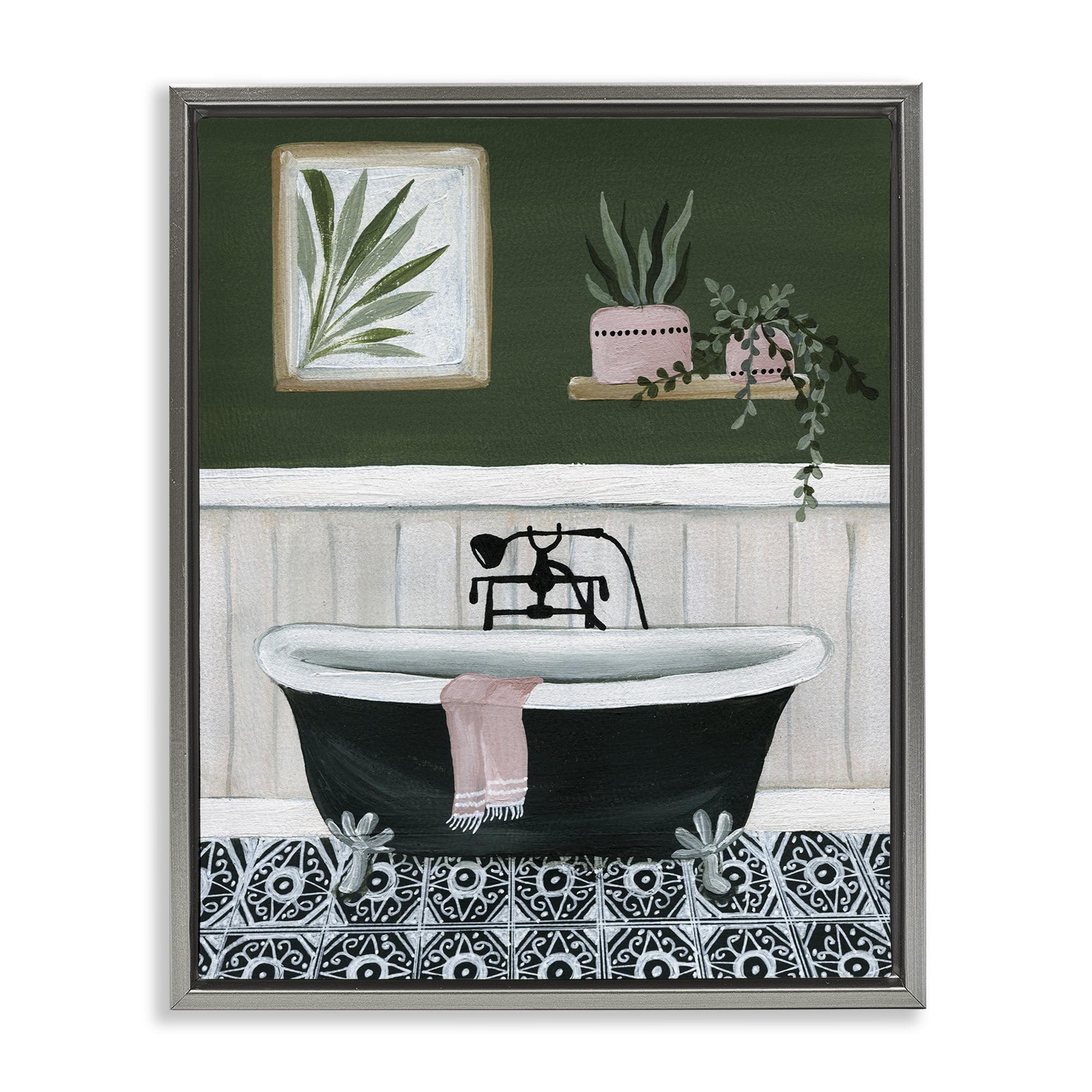 Stupell Industries Green Bathroom Scene Typography Painting Gray Floater Framed Canvas Art Print Wall Art, 17 x 21