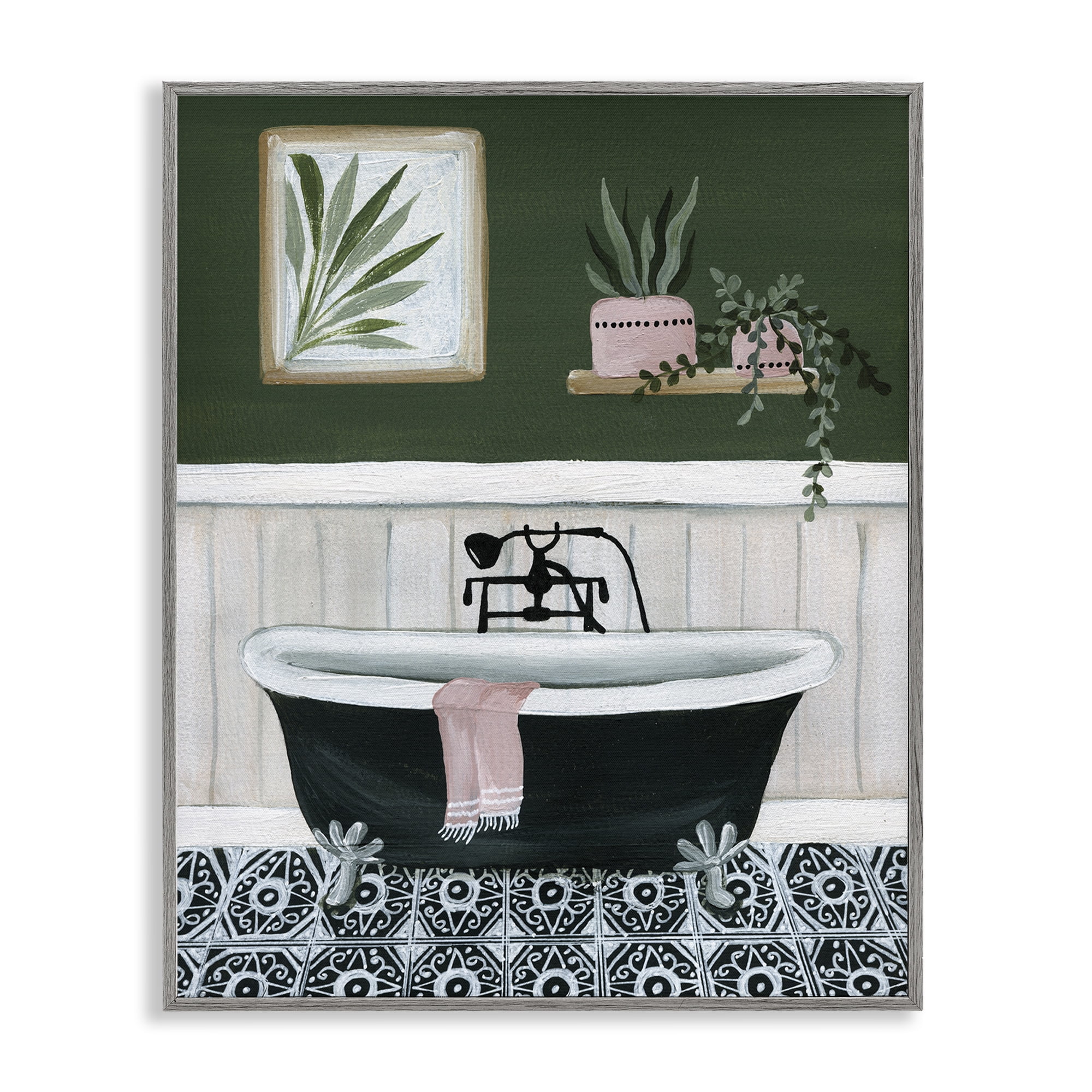 Stupell Industries Green Bathroom Scene Typography Painting Gray Framed Art Print Wall Art, 24 x 30