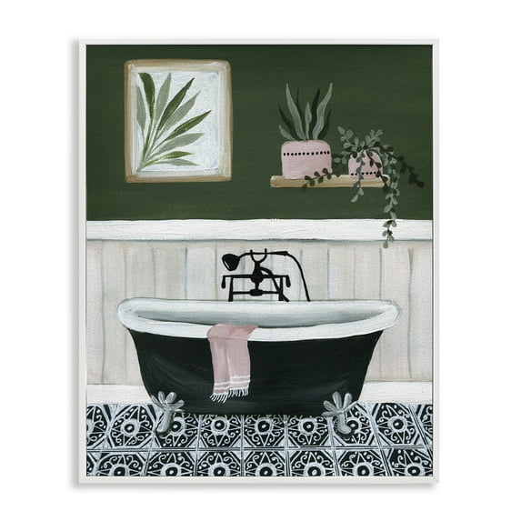 Stupell Industries Green Bathroom Scene Typography Painting White Framed Art Print Wall Art, 16 x 20