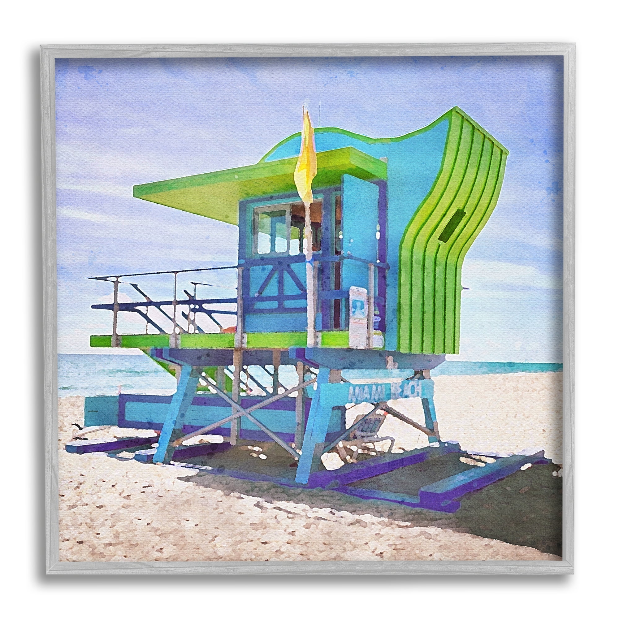 Stupell Industries Green Beach Hut Nature Painting Gray Framed Art Print Wall Art, 12 x 12