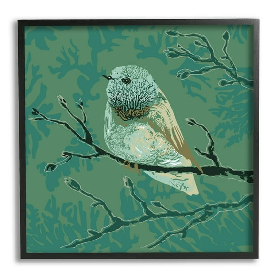 Stupell Industries Green Bird Perched Abstract Botanical Sprigs Detail Graphic Art Black Framed Art Print Wall Art, Design by Verbrugge Watercolor