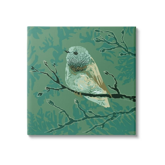 Stupell Industries Green Bird Perched Abstract Botanical Sprigs Detail Graphic Art Gallery Wrapped Canvas Print Wall Art, Design by Verbrugge Watercolor