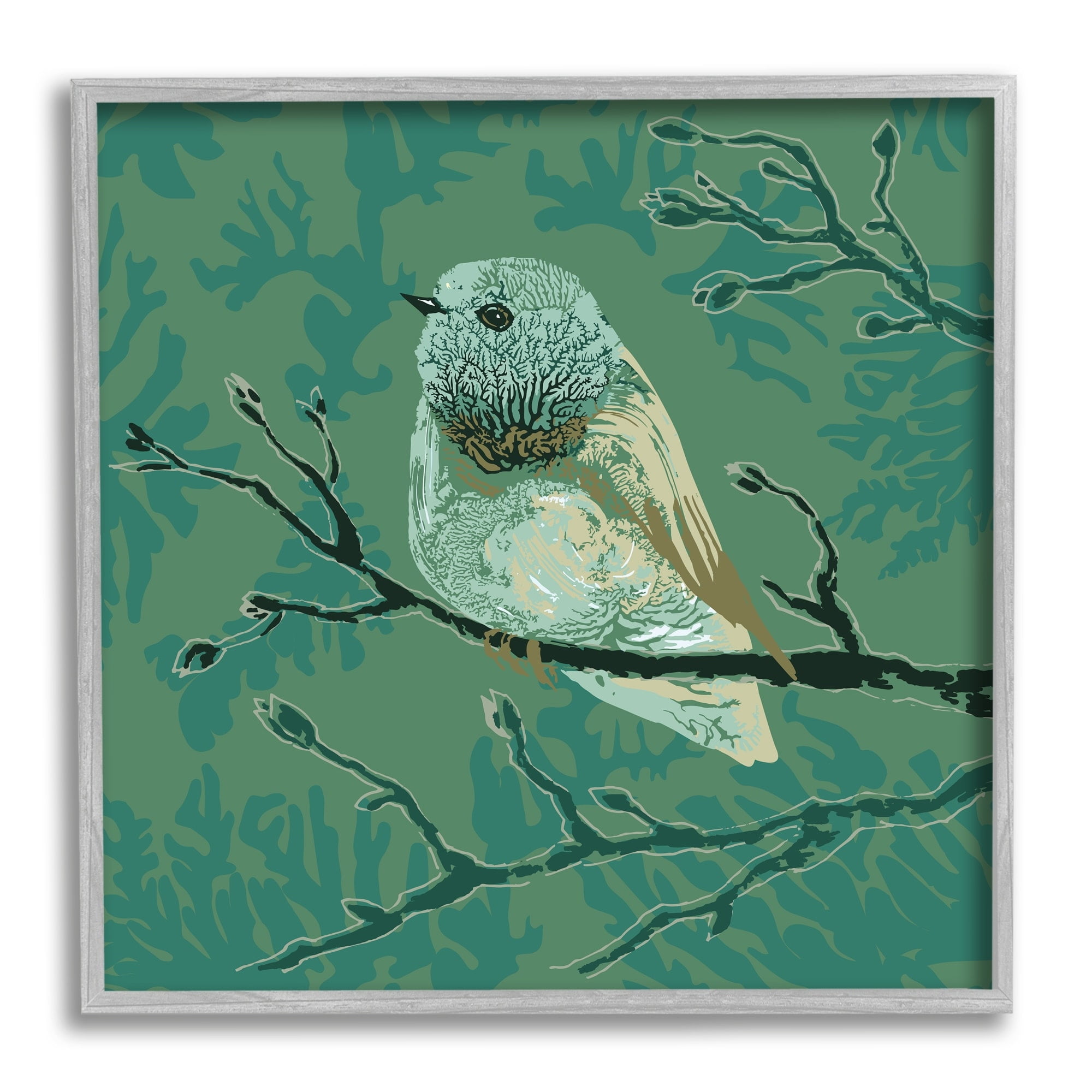 Stupell Industries Green Bird Perched Abstract Botanical Sprigs Detail Graphic Art Gray Framed Art Print Wall Art, Design by Verbrugge Watercolor