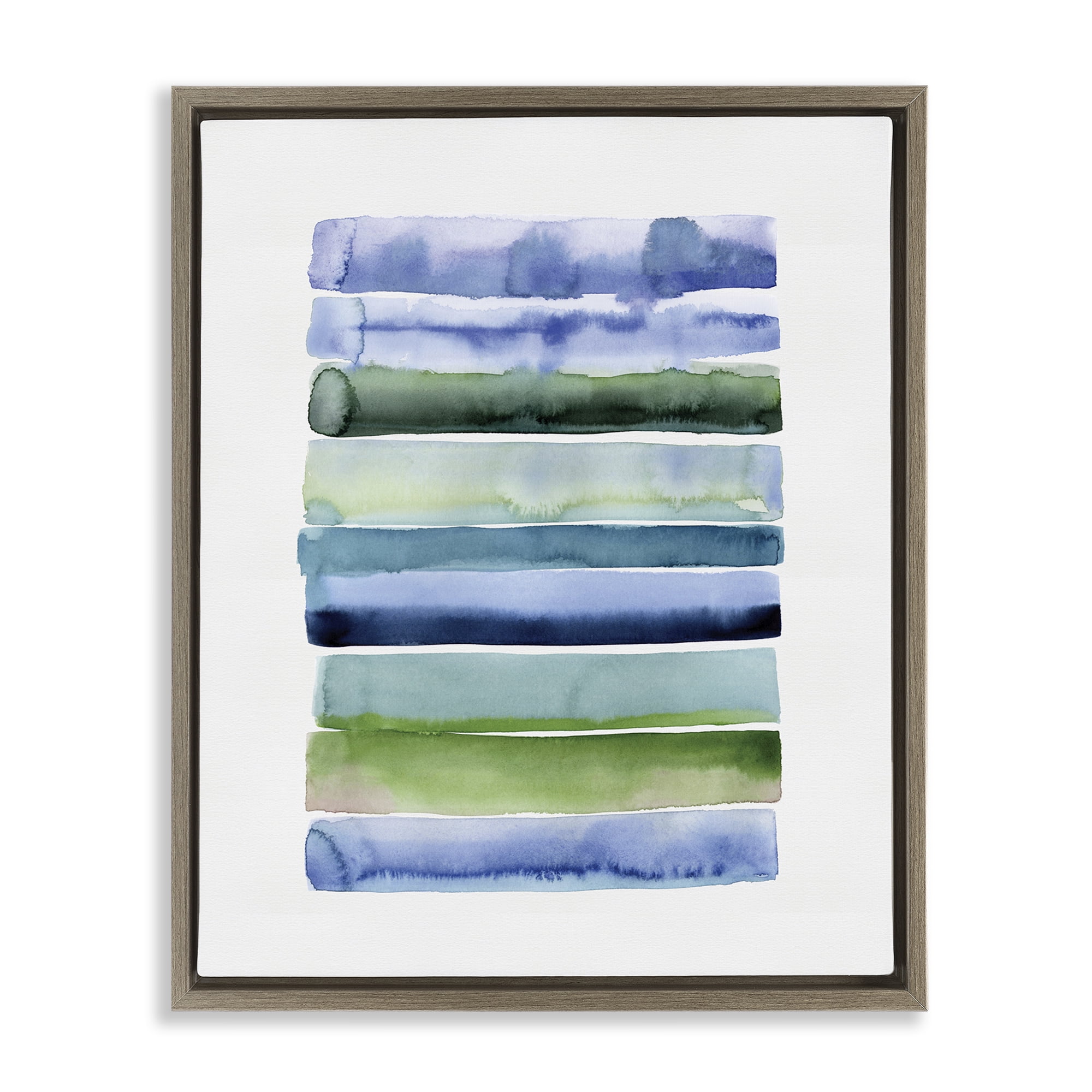 Stupell Industries Green & Blue Ombre Stripes Abstract Painting Brown Floater Framed Canvas Art Print Wall Art, 25 x 31