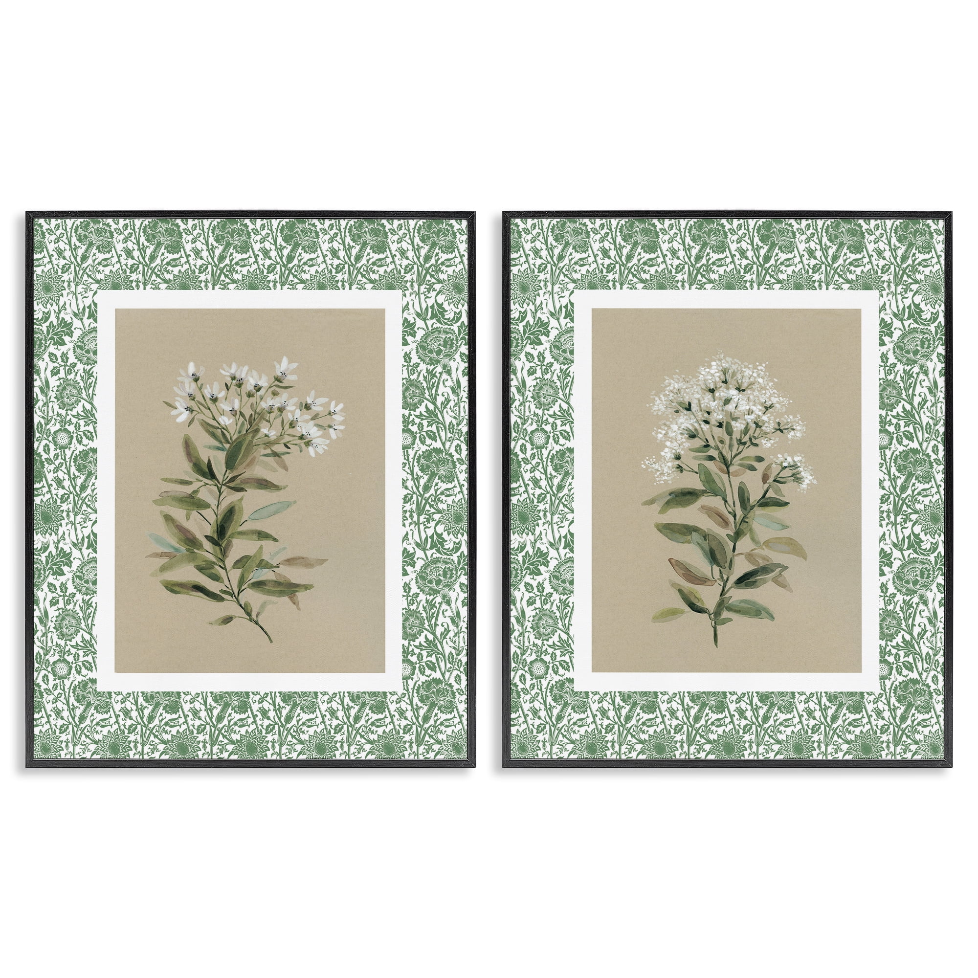 Stupell Industries Green Botanical Patterned Florals 2 Piece Black Framed Giclee Art Set, design by Carol Robinson