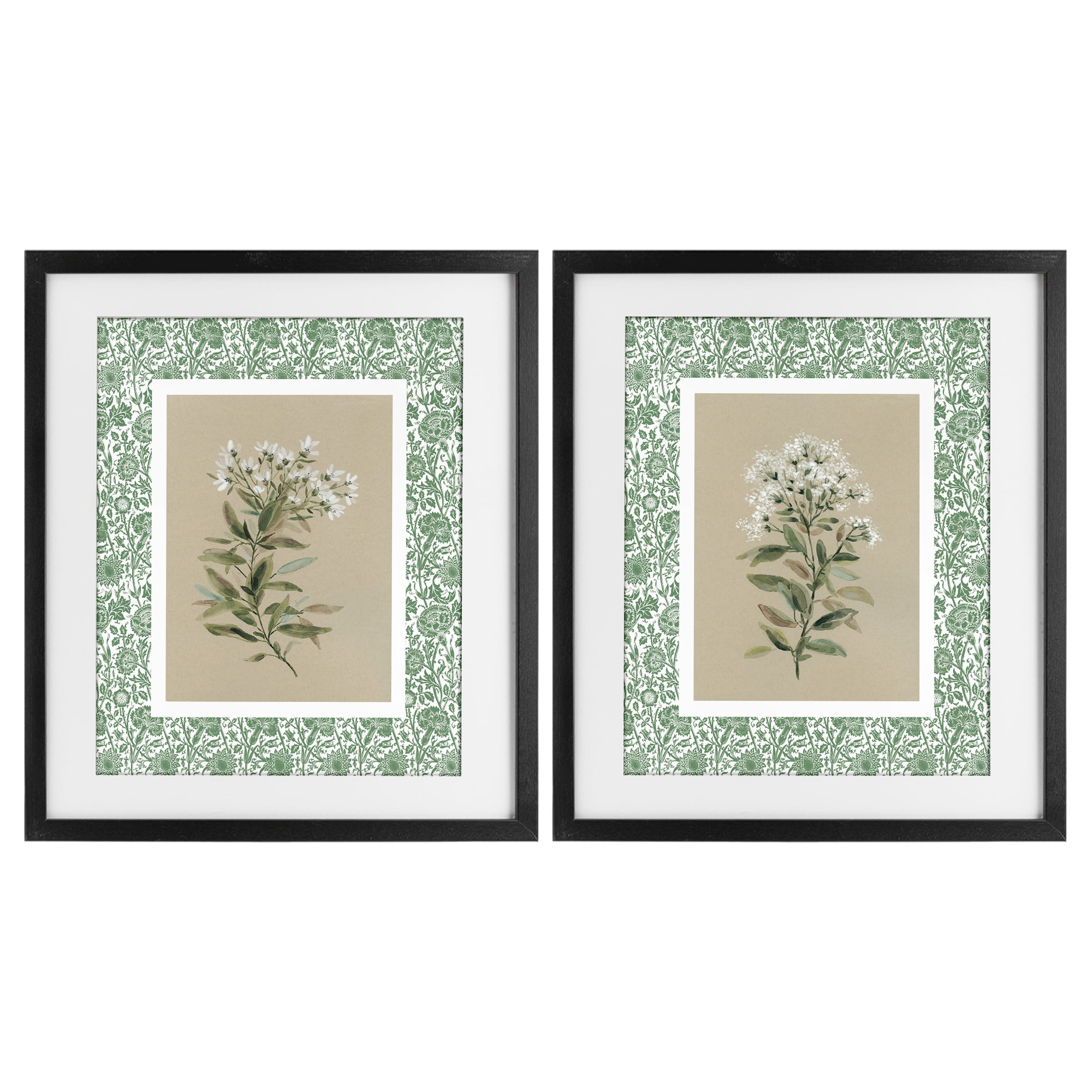 Stupell Industries Green Botanical Patterned Florals 2 Piece Black Framed Print Under Glass Set, design by Carol Robinson