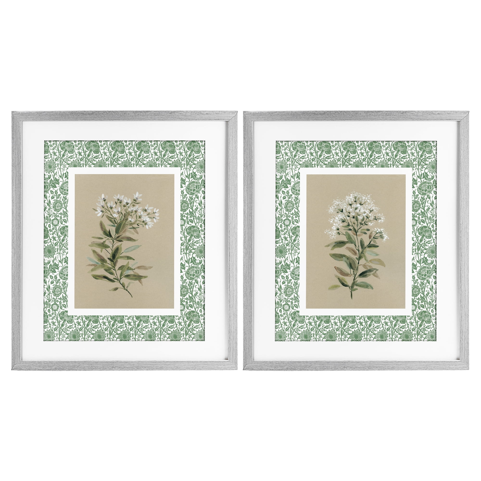 Stupell Industries Green Botanical Patterned Florals 2 Piece Gray Framed Print Under Glass Set, design by Carol Robinson