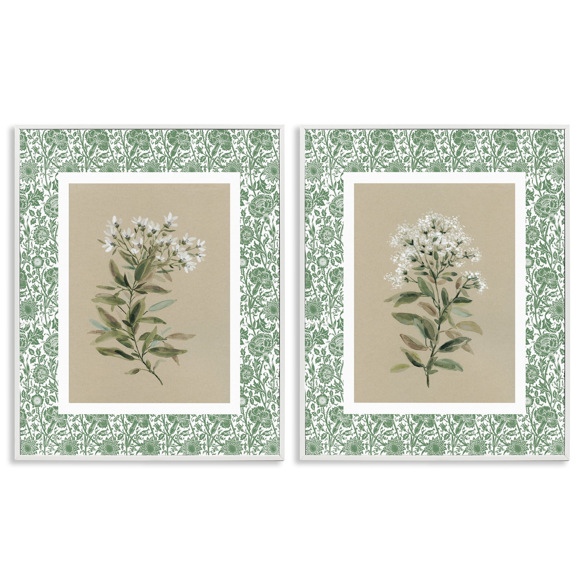Stupell Industries Green Botanical Patterned Florals 2 Piece White Framed Giclee Art Set, design by Carol Robinson