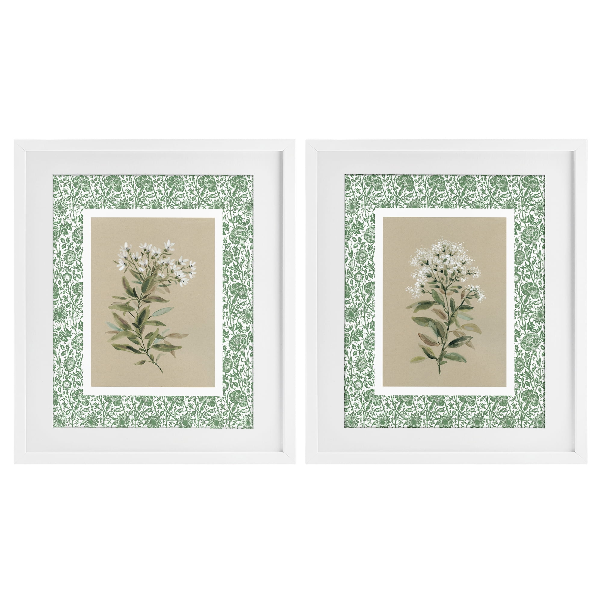 Stupell Industries Green Botanical Patterned Florals 2 Piece White Framed Print Under Glass Set, design by Carol Robinson