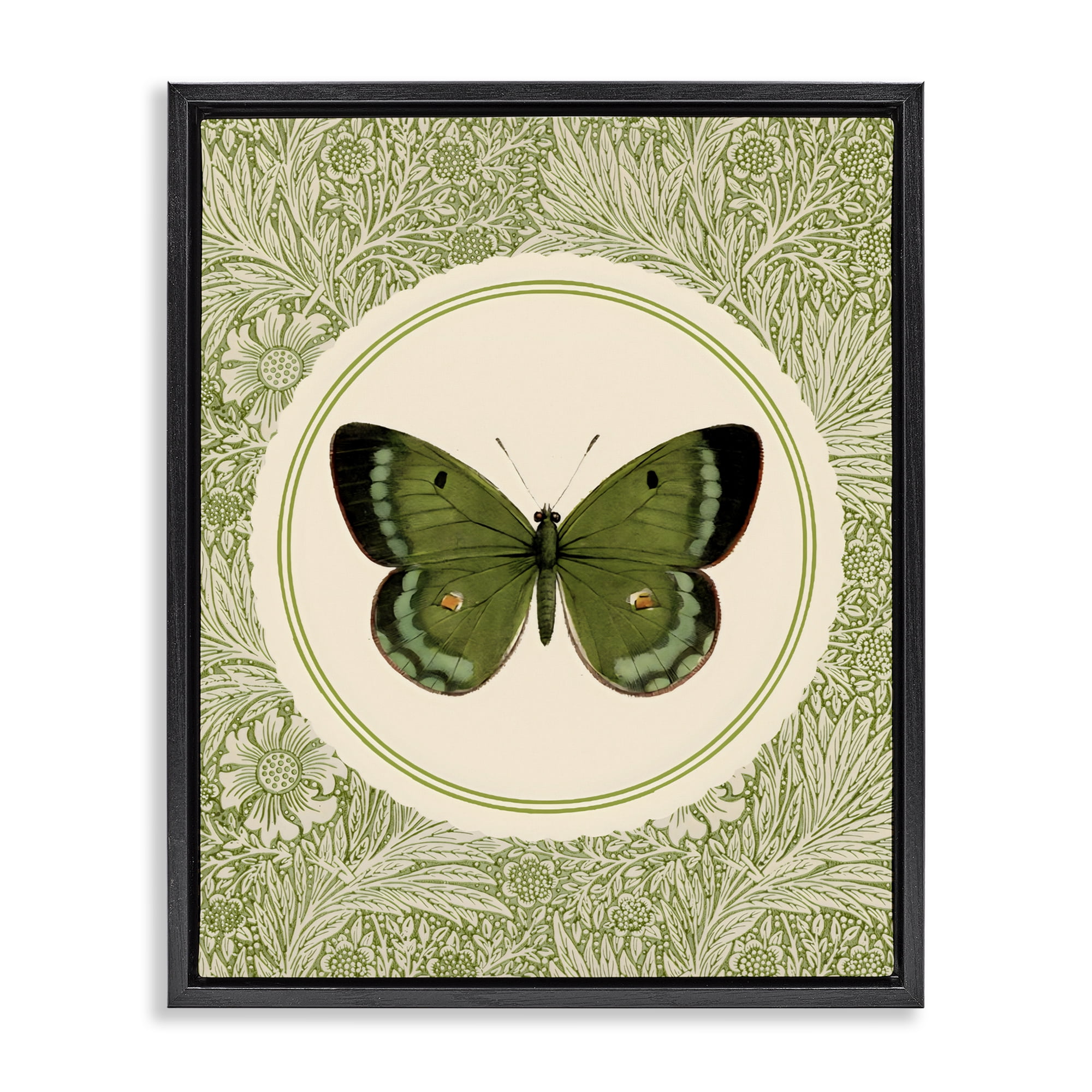 Stupell Industries Green Butterfly Botanical Medallion Black Framed Floater Canvas Wall Art, design by LSR Design Studio