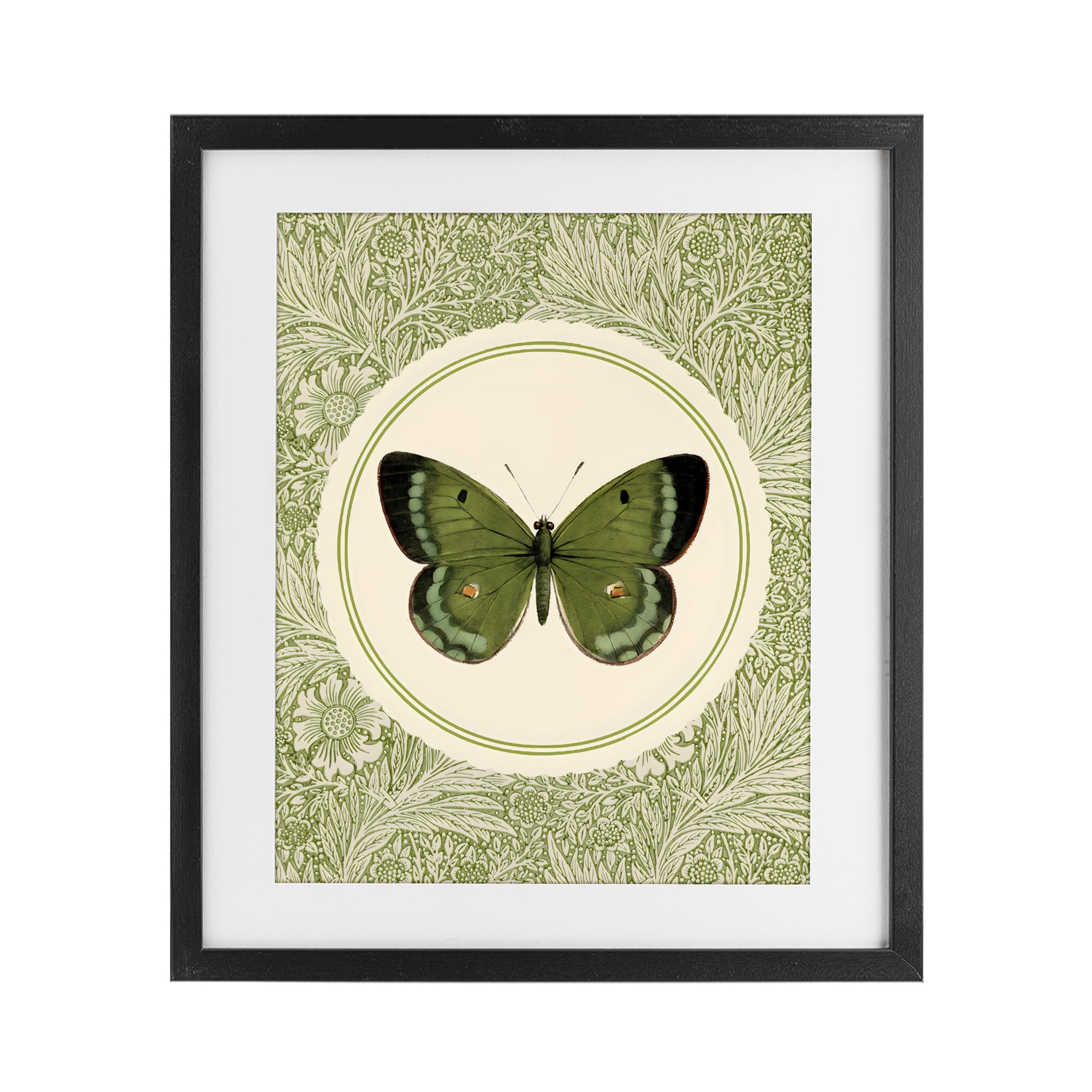 Stupell Industries Green Butterfly Botanical Medallion Black Framed Print Under Glass, design by LSR Design Studio