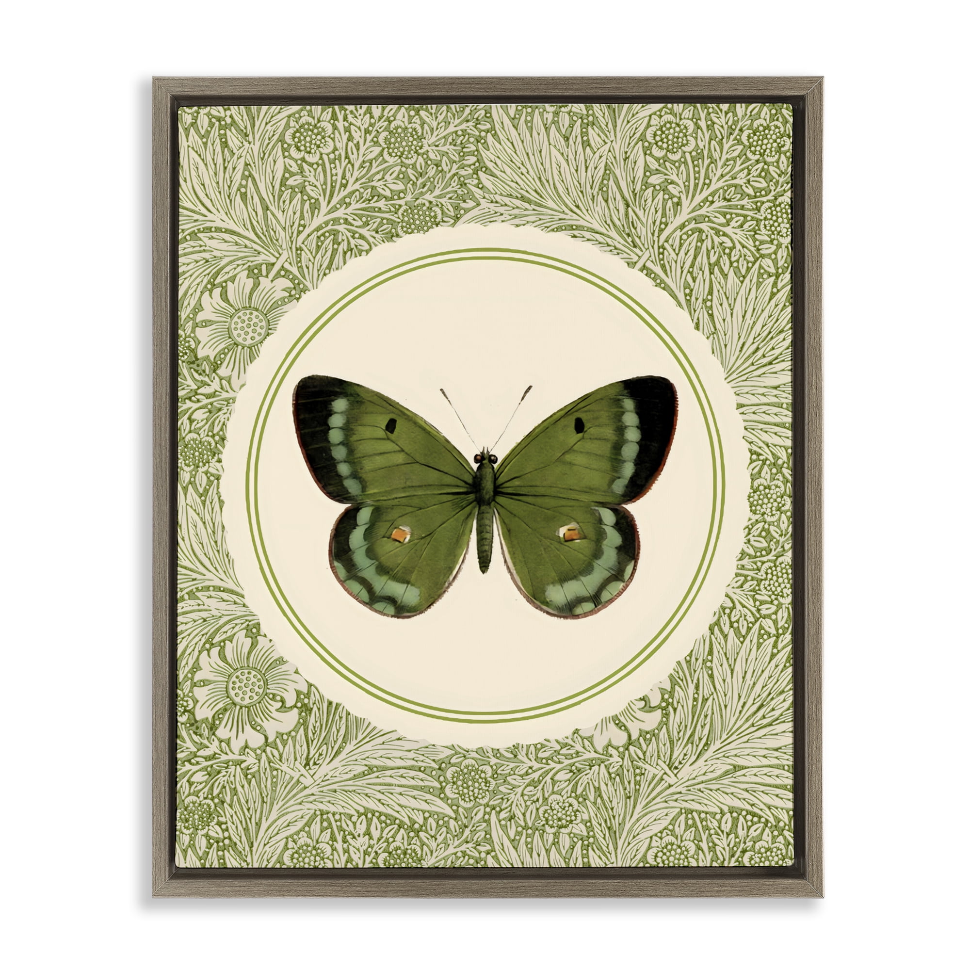 Stupell Industries Green Butterfly Botanical Medallion Brown Framed Floater Canvas Wall Art, design by LSR Design Studio