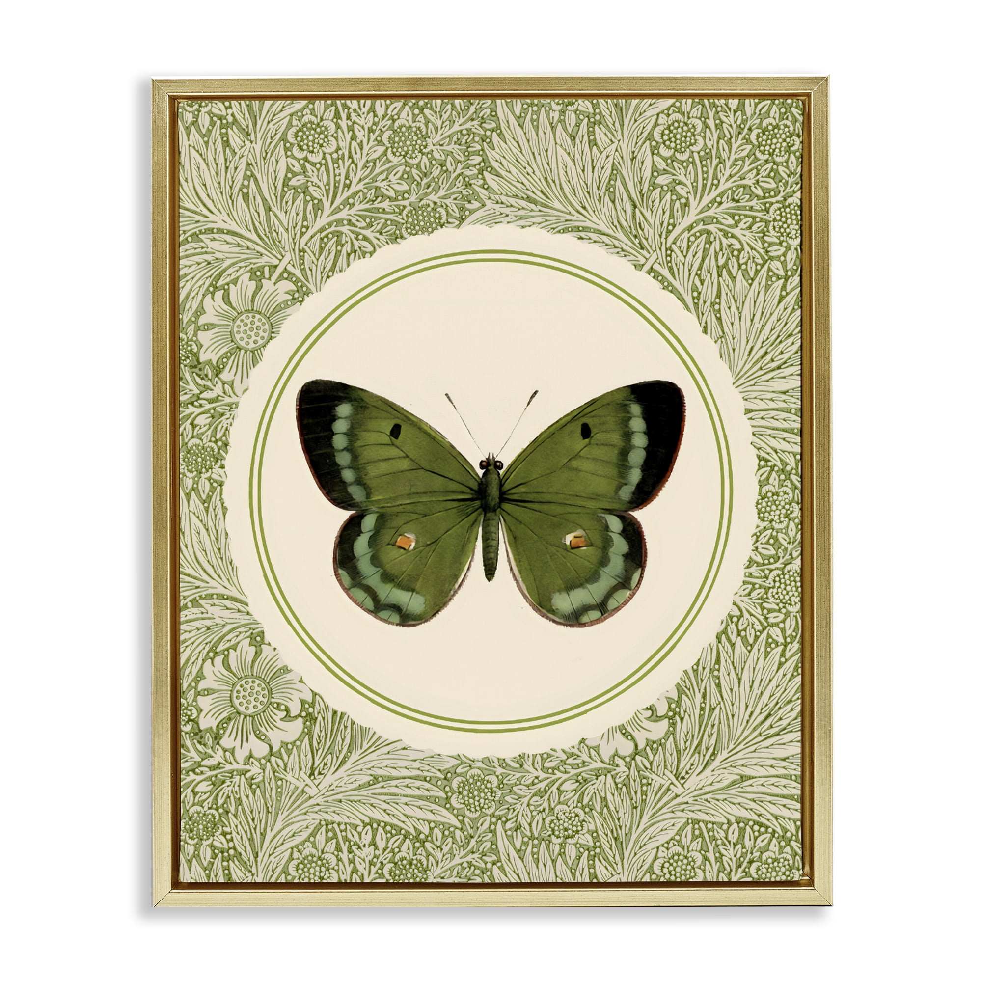 Stupell Industries Green Butterfly Botanical Medallion Gold Framed Floater Canvas Wall Art, design by LSR Design Studio
