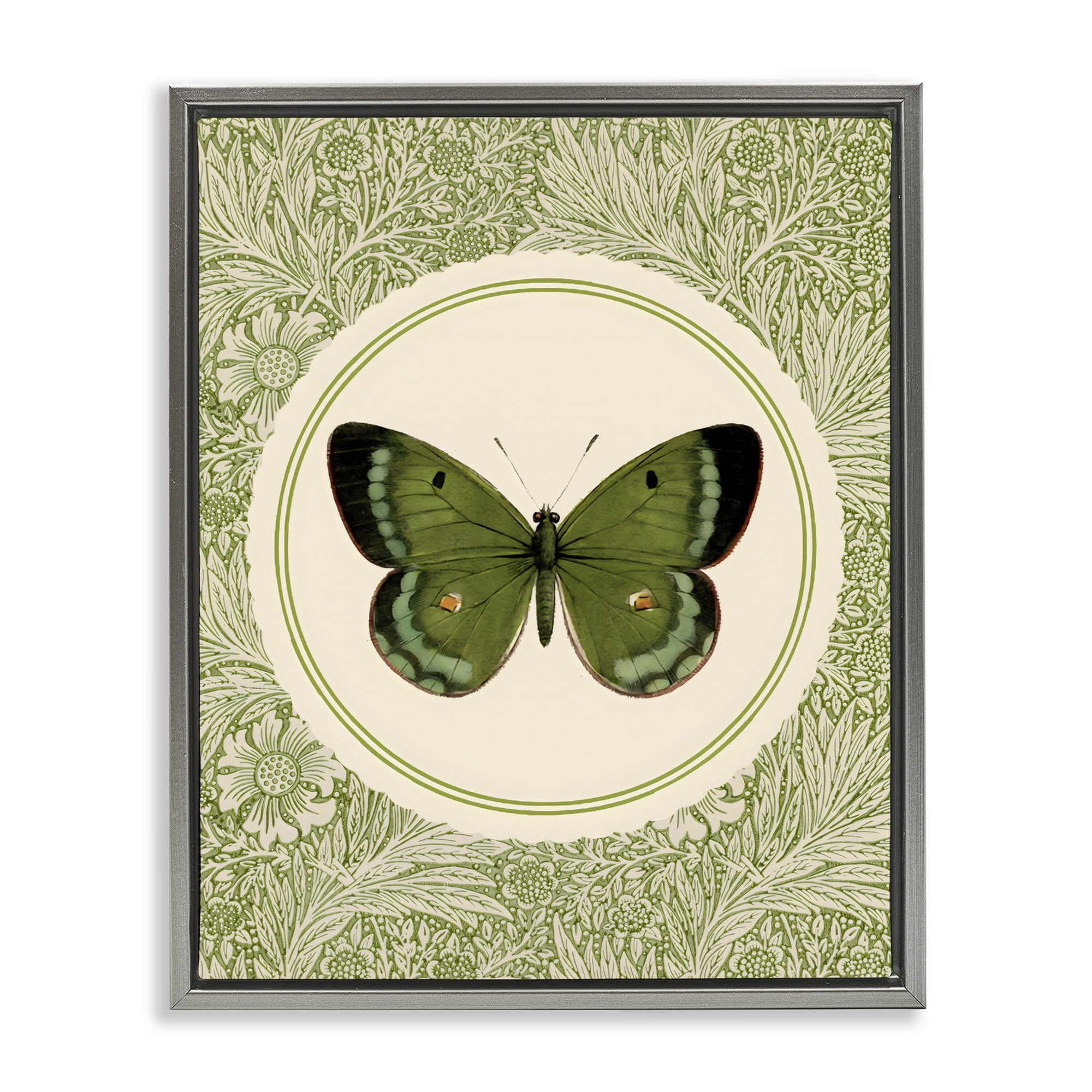 Stupell Industries Green Butterfly Botanical Medallion Gray Framed Floater Canvas Wall Art, design by LSR Design Studio