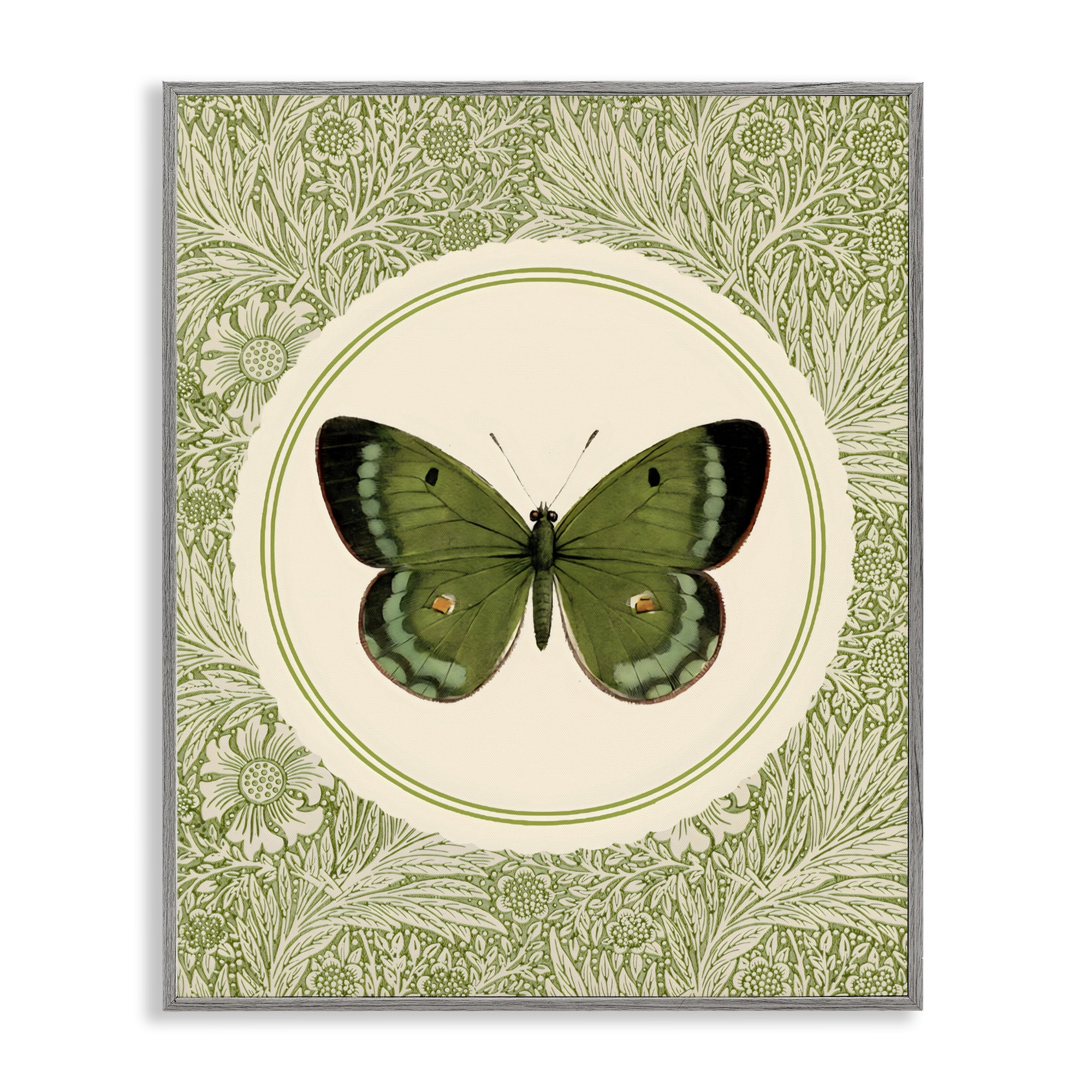 Stupell Industries Green Butterfly Botanical Medallion Gray Framed Giclee Art, design by LSR Design Studio