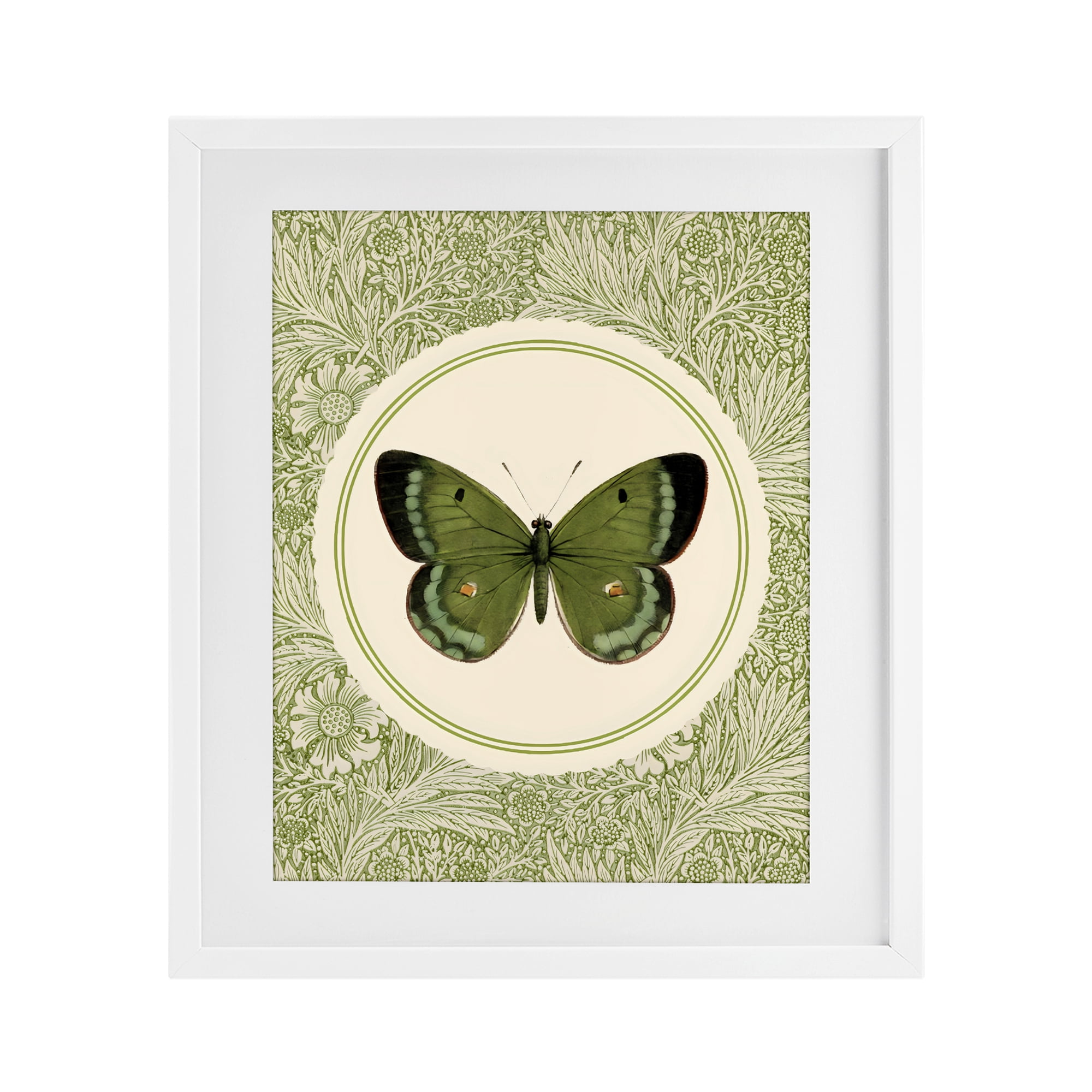 Stupell Industries Green Butterfly Botanical Medallion White Framed Print Under Glass, design by LSR Design Studio