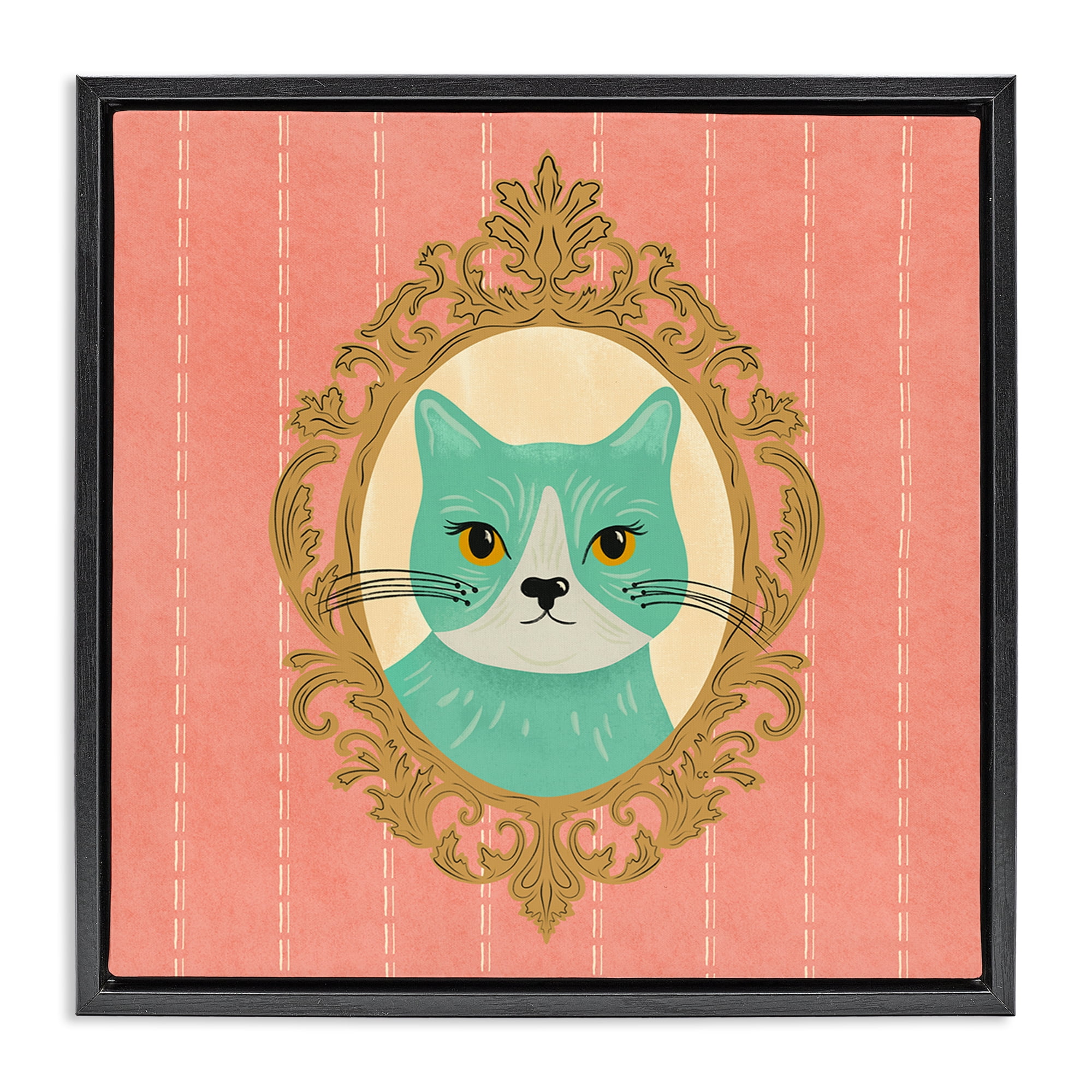 Stupell Industries Green Cat Portrait Animals Painting Black Floater Framed Canvas Art Print Wall Art, 18 x 18