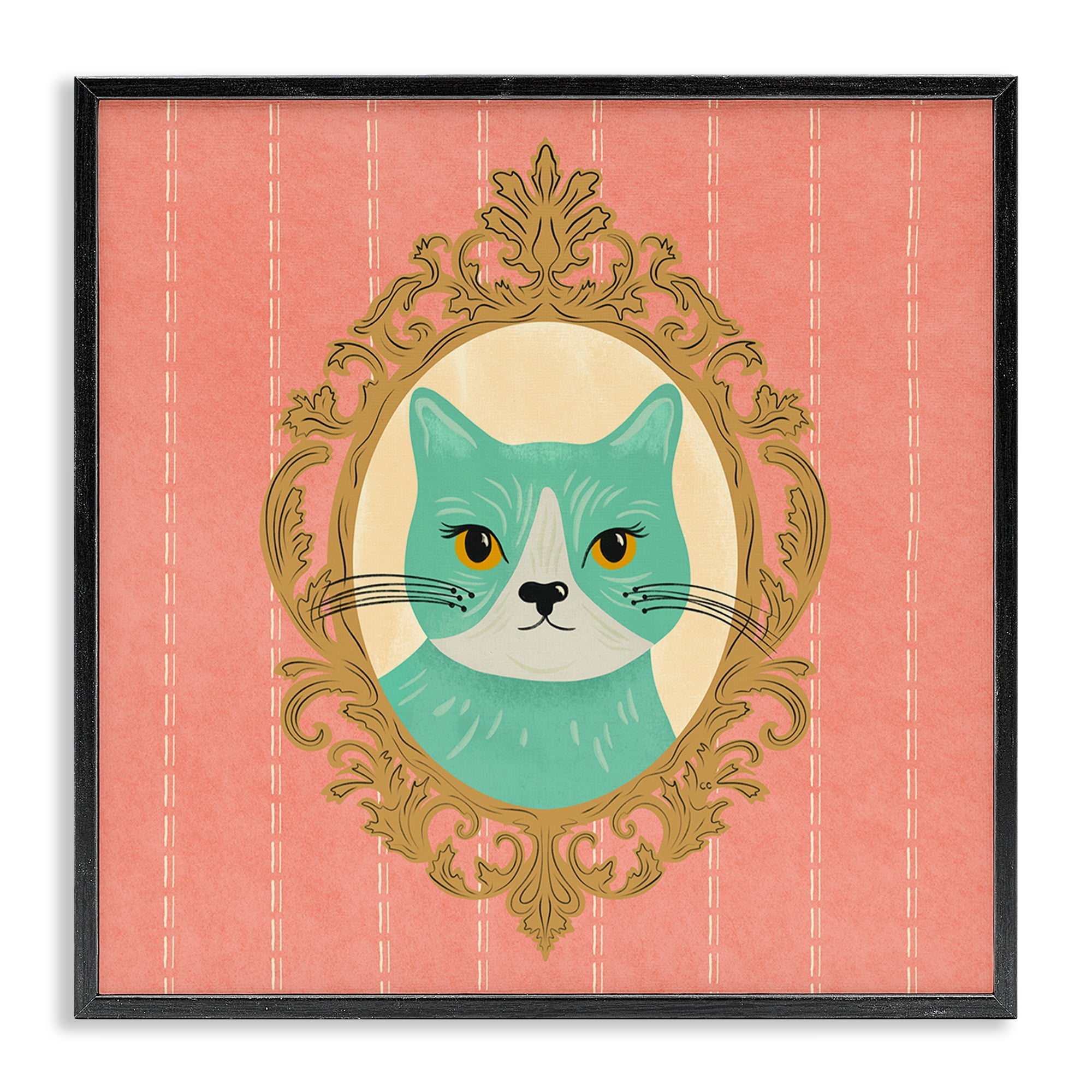 Stupell Industries Green Cat Portrait Animals Painting Black Framed Art Print Wall Art, 12 x 12