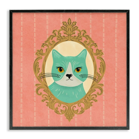 Stupell Industries Green Cat Portrait Animals Painting Black Framed Art Print Wall Art, 12 x 12