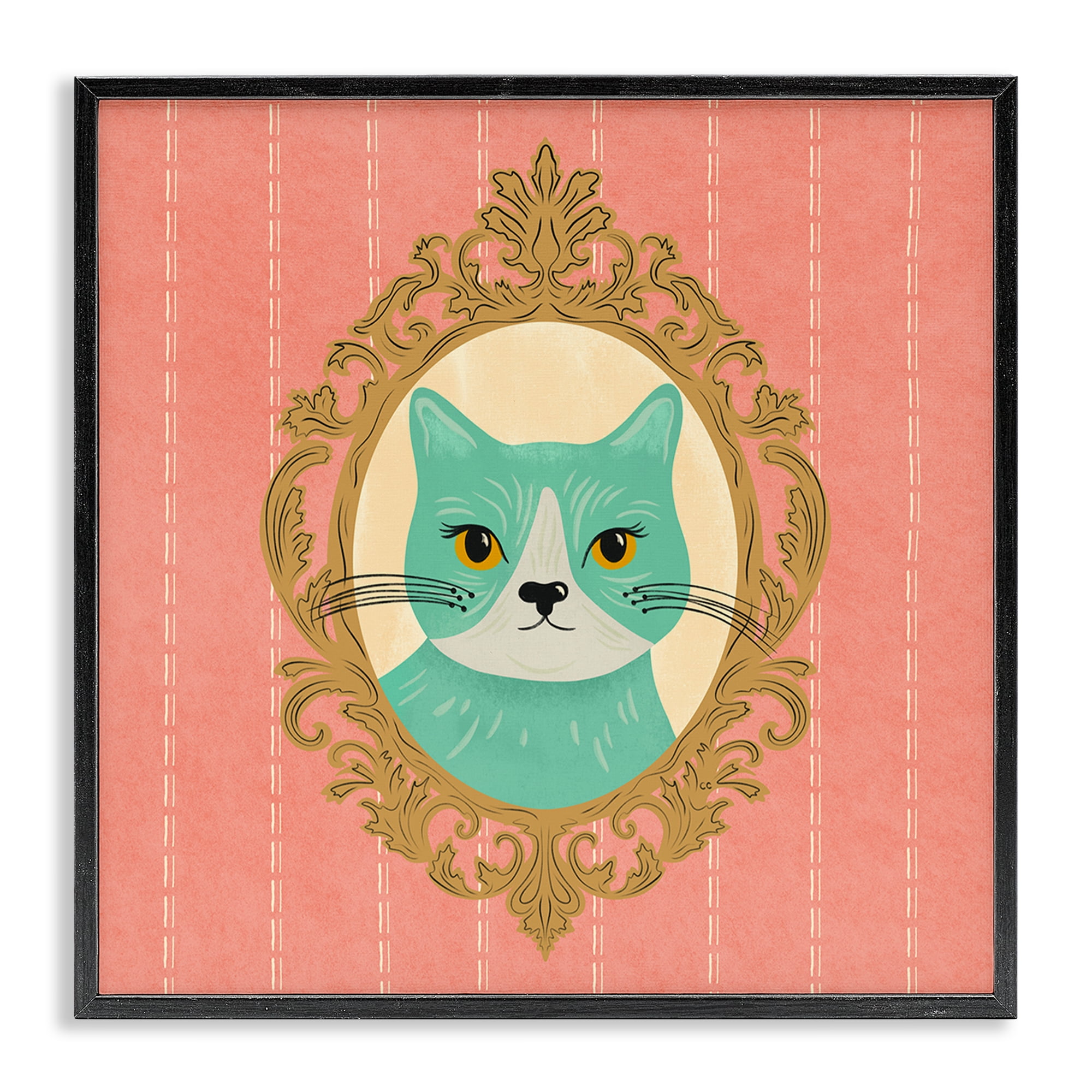 Stupell Industries Green Cat Portrait Animals Painting Black Framed Art Print Wall Art, 17 x 17