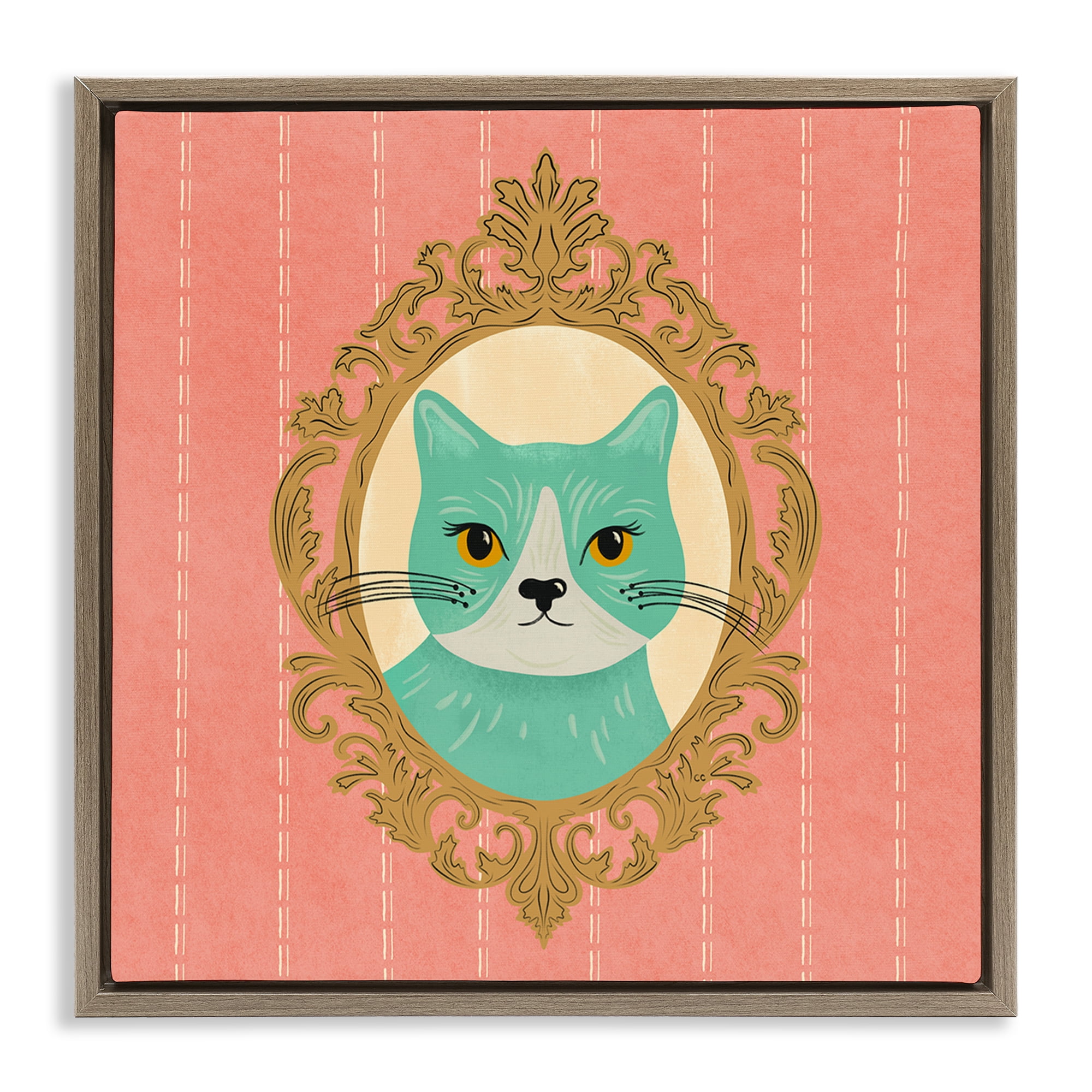 Stupell Industries Green Cat Portrait Animals Painting Brown Floater Framed Canvas Art Print Wall Art, 18 x 18