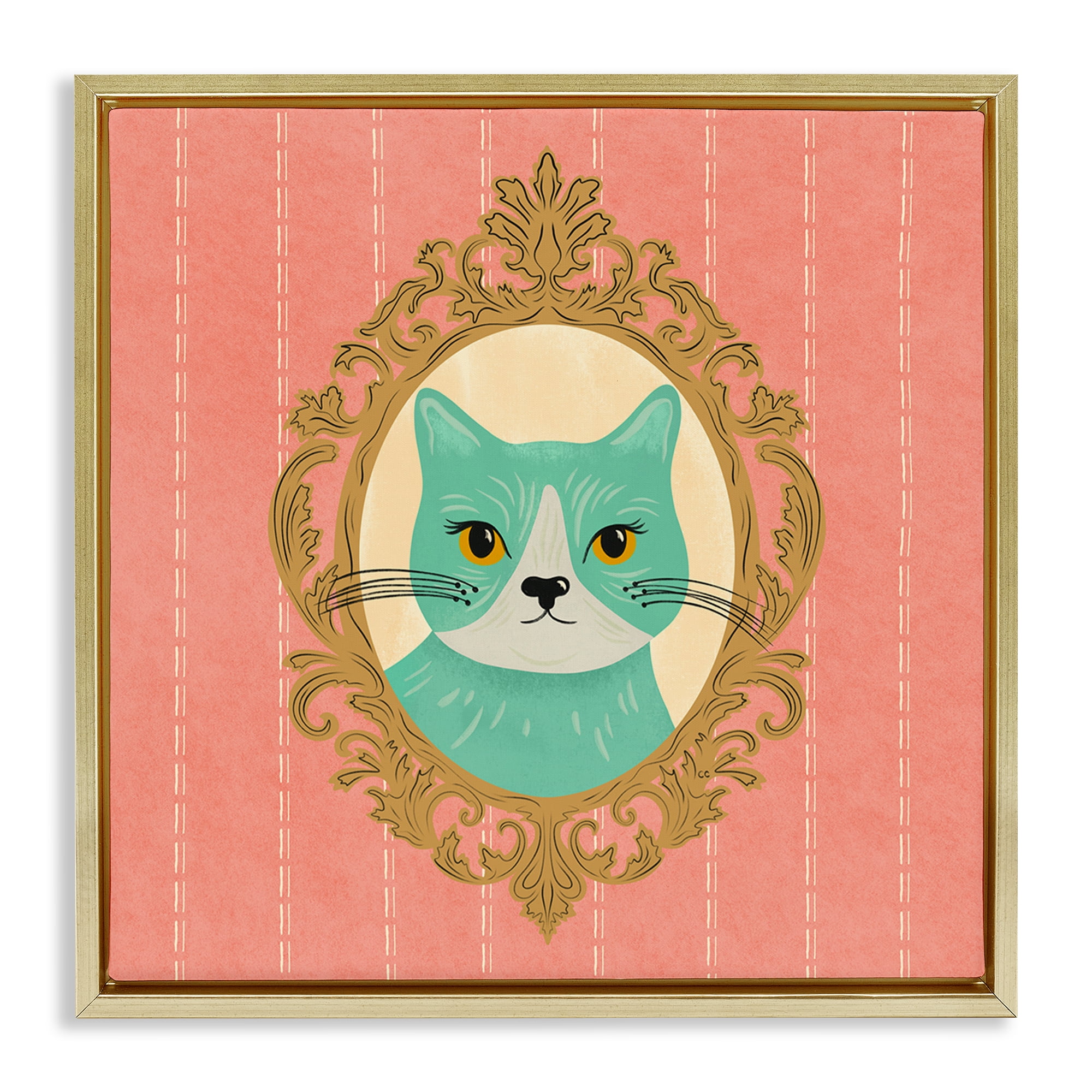 Stupell Industries Green Cat Portrait Animals Painting Gold Floater Framed Canvas Art Print Wall Art, 18 x 18