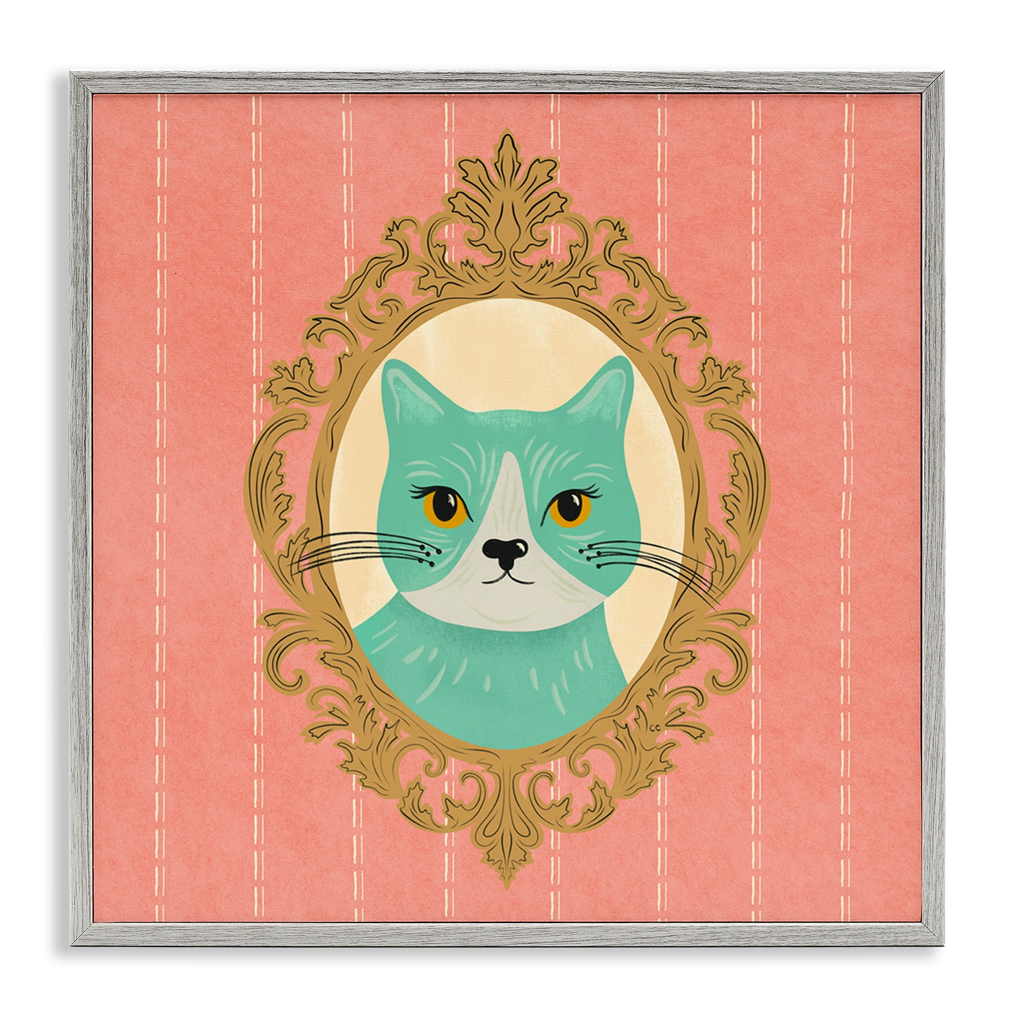 Stupell Industries Green Cat Portrait Animals Painting Gray Framed Art Print Wall Art, 12 x 12