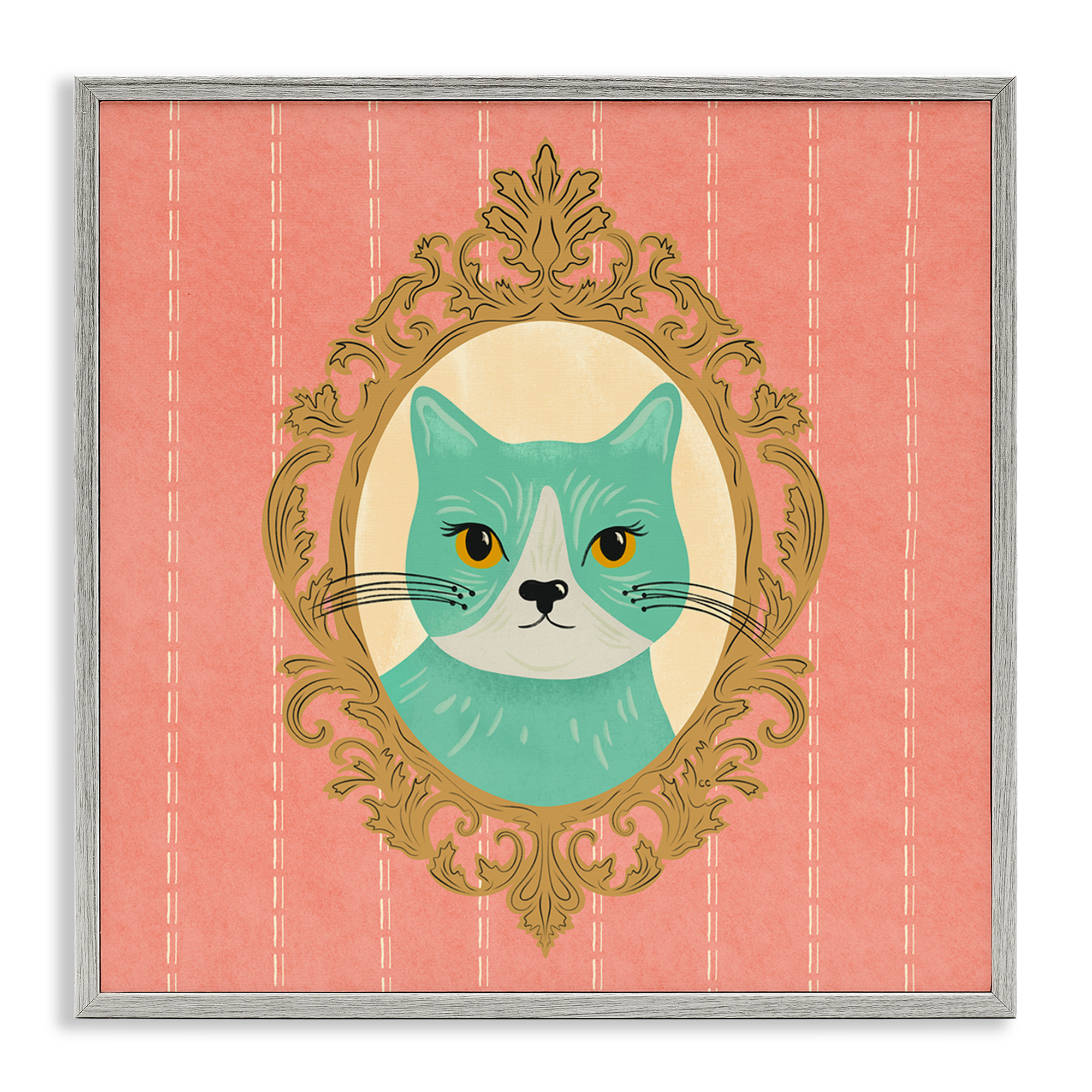 Stupell Industries Green Cat Portrait Animals Painting Gray Framed Art Print Wall Art, 17 x 17