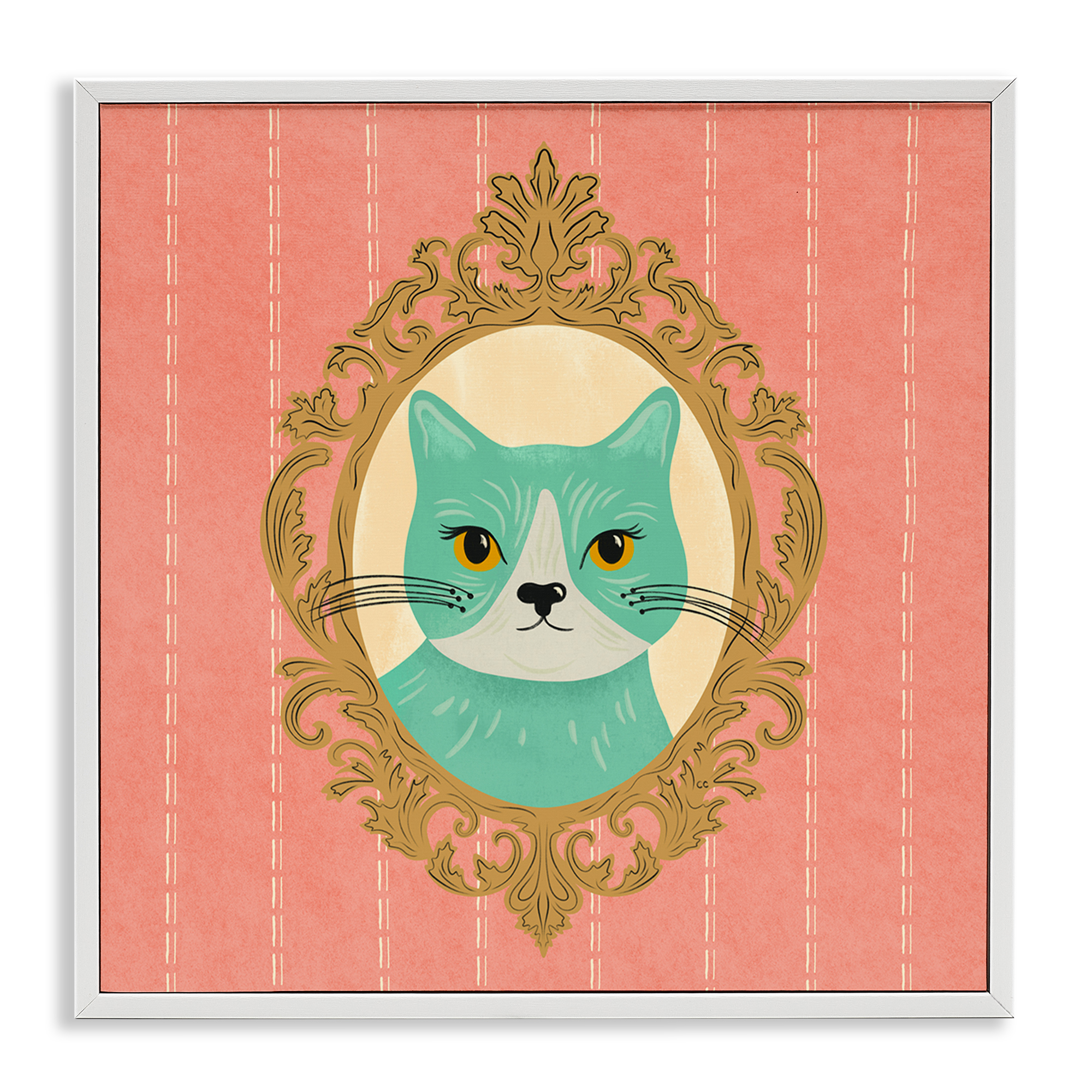 Stupell Industries Green Cat Portrait Animals Painting White Framed Art Print Wall Art, 12 x 12