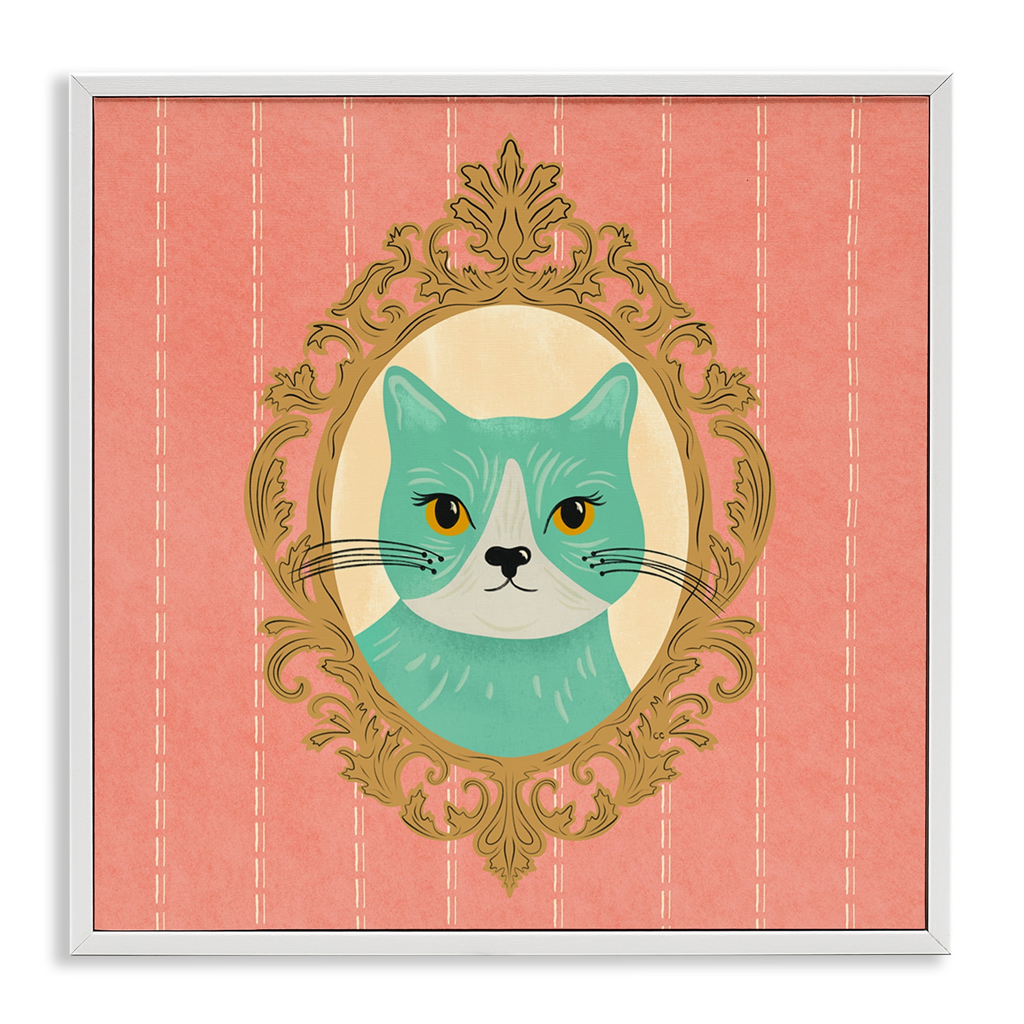 Stupell Industries Green Cat Portrait Animals Painting White Framed Art Print Wall Art, 17 x 17