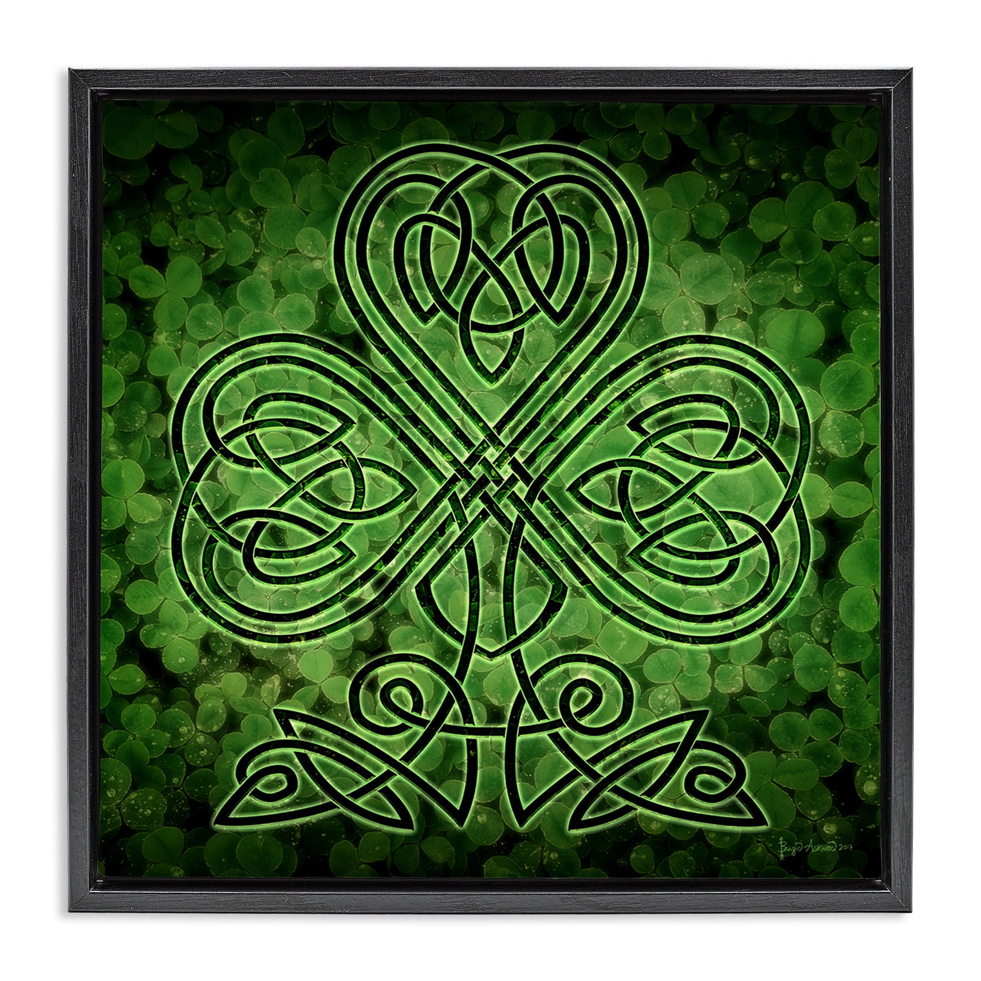 Stupell Industries Green Celtic Shamrock Knot Abstract Painting Black Floater Framed Canvas Art Print Wall Art, 25 x 25