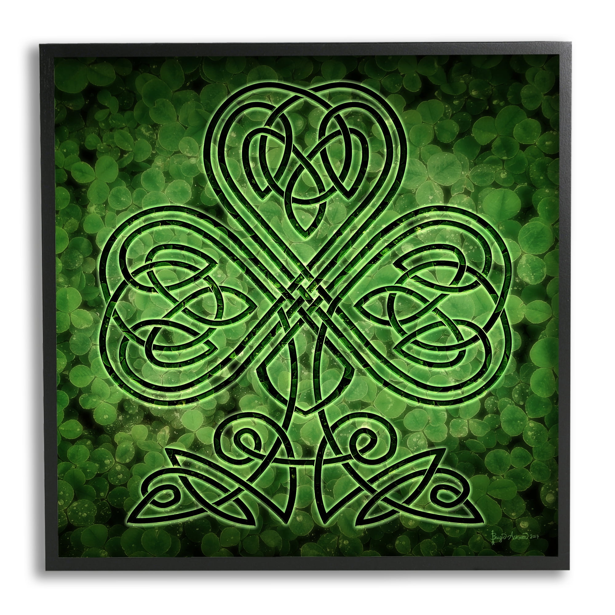 Stupell Industries Green Celtic Shamrock Knot Abstract Painting Black Framed Art Print Wall Art, 17 x 17