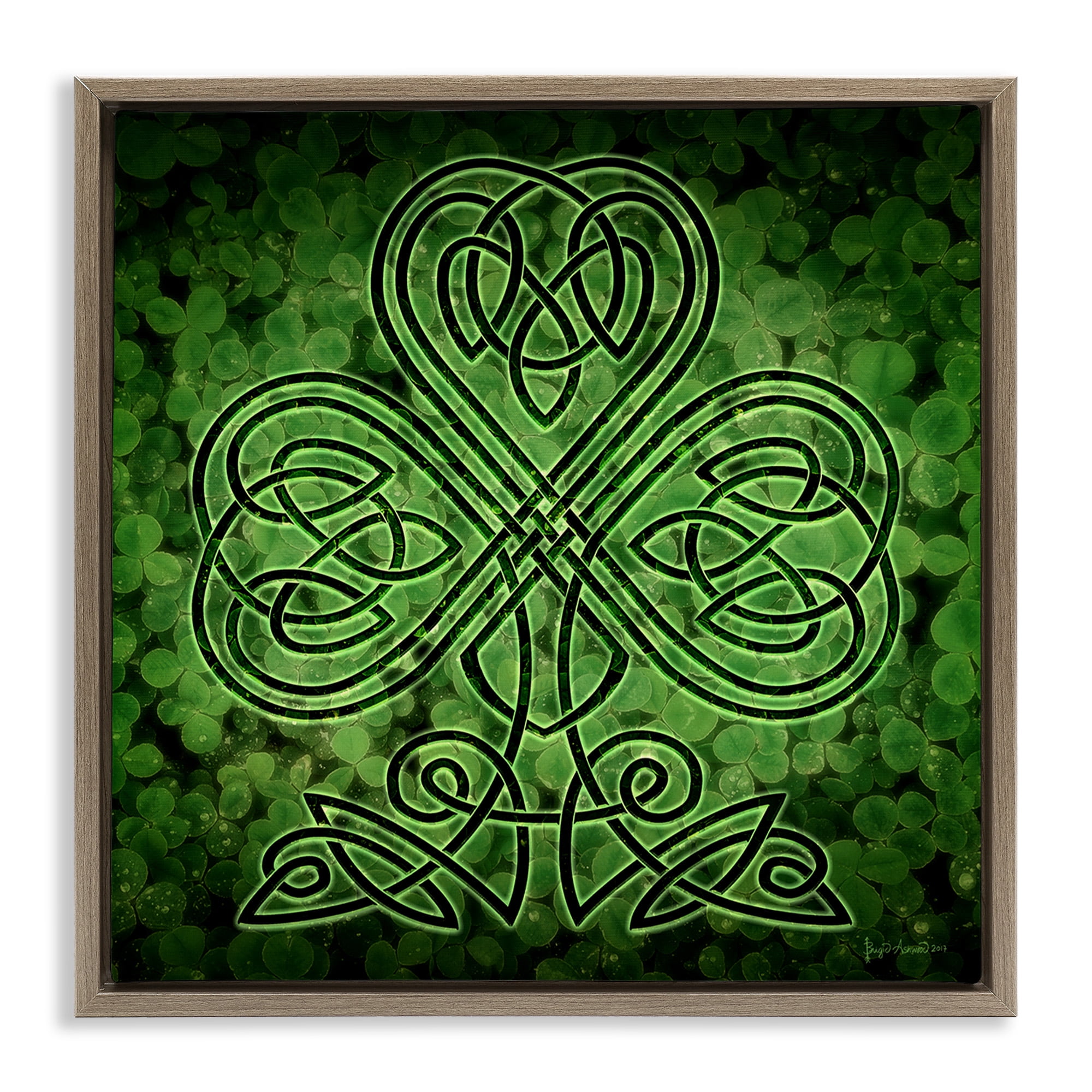 Stupell Industries Green Celtic Shamrock Knot Abstract Painting Brown Floater Framed Canvas Art Print Wall Art, 18 x 18