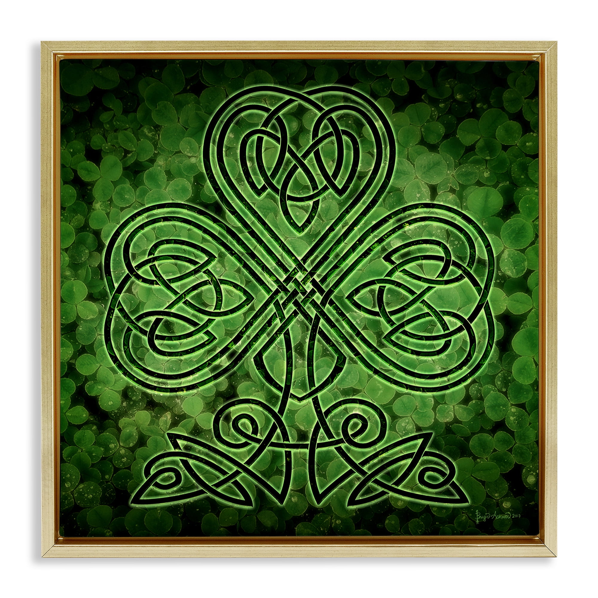 Stupell Industries Green Celtic Shamrock Knot Abstract Painting Gold Floater Framed Canvas Art Print Wall Art, 25 x 25