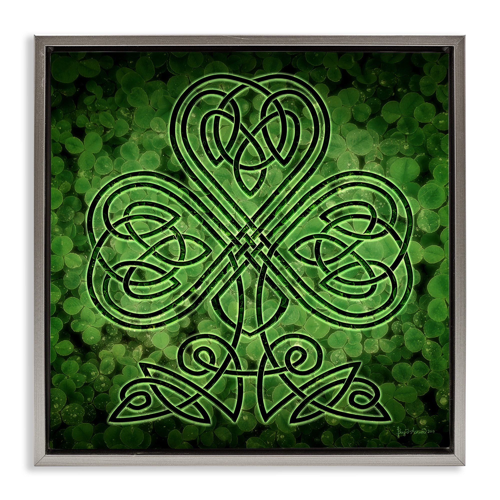 Stupell Industries Green Celtic Shamrock Knot Abstract Painting Gray Floater Framed Canvas Art Print Wall Art, 18 x 18