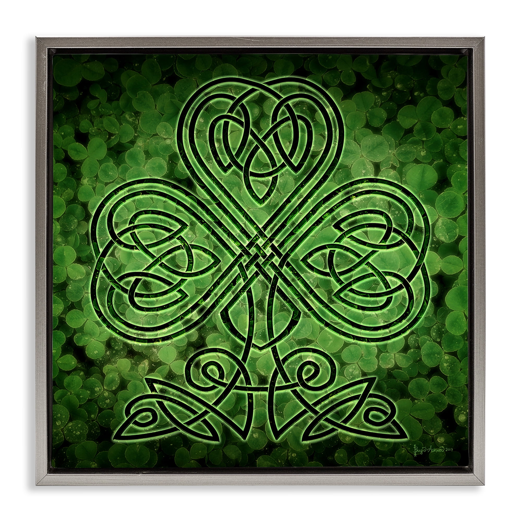 Stupell Industries Green Celtic Shamrock Knot Abstract Painting Gray Floater Framed Canvas Art Print Wall Art, 25 x 25