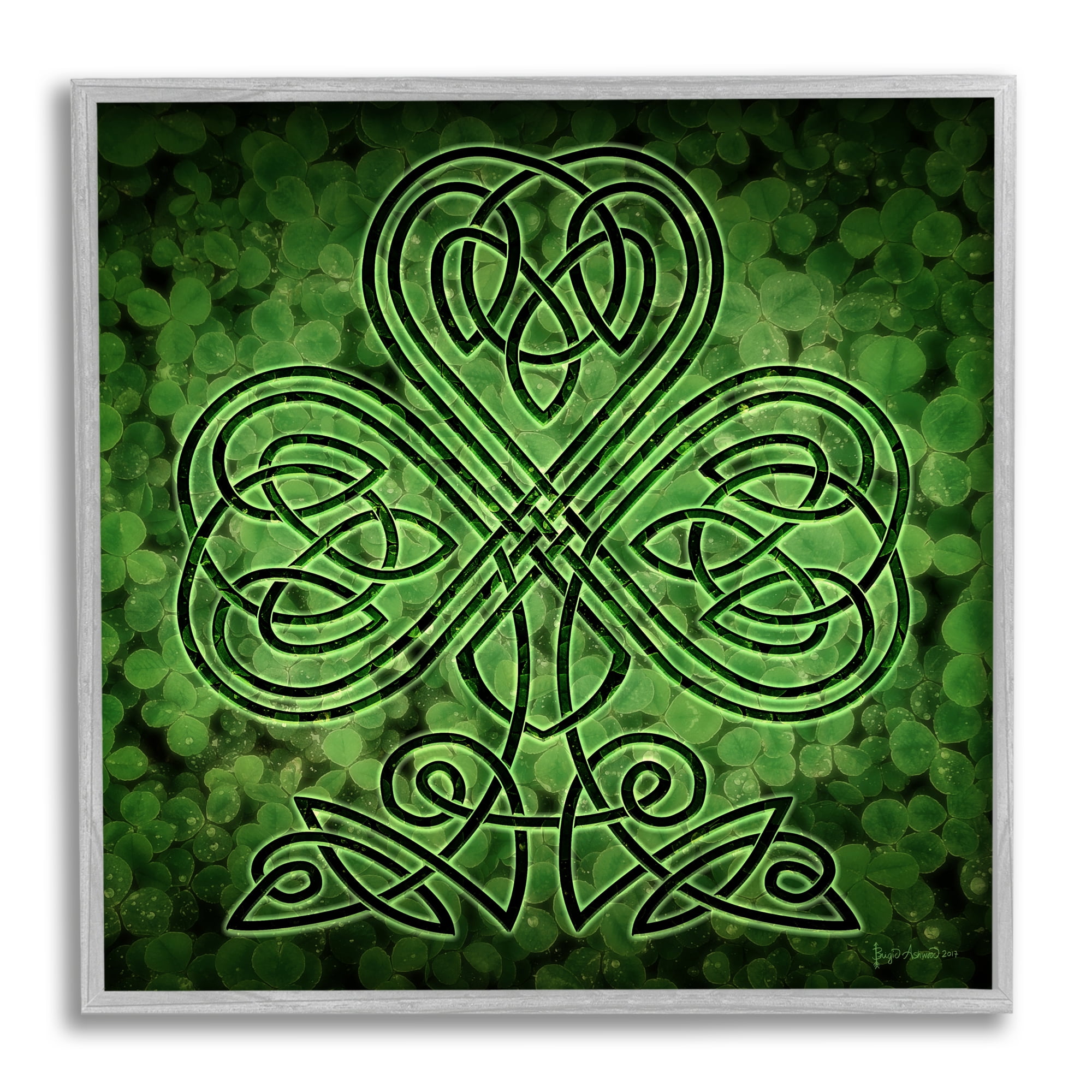 Stupell Industries Green Celtic Shamrock Knot Abstract Painting Gray Framed Art Print Wall Art, 12 x 12