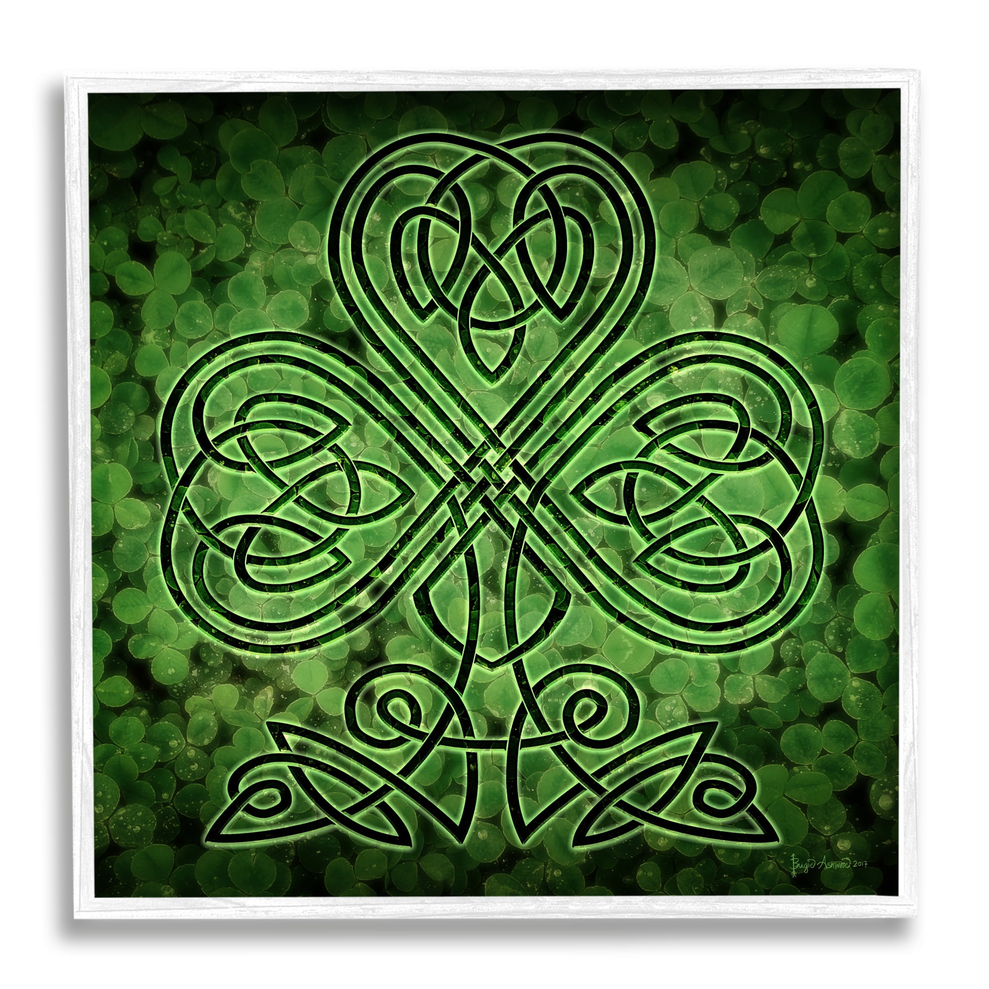 Stupell Industries Green Celtic Shamrock Knot Abstract Painting White Framed Art Print Wall Art, 12 x 12